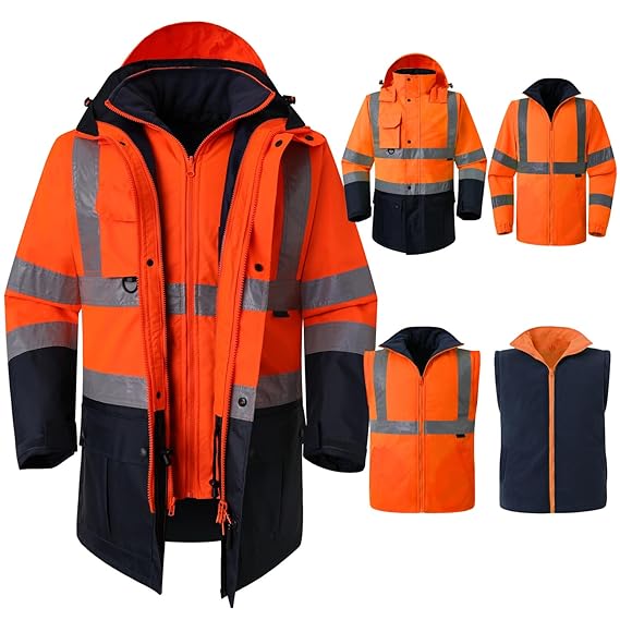 Hi Vis 5 in 1 Winter Safety Parka Jacket Reflective Warm Coat Rain Jacket Reversible Vest With Zipper and Pockets