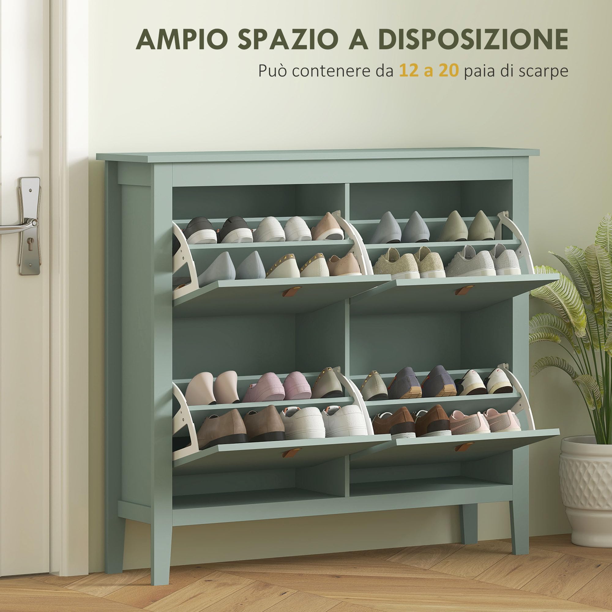 HOMCOM Scarpiera Salvaspazio Slim con 4 Ante a Ribalta, Scarpiera Ingresso con Ripiani Regolabili, Piano Superiore e Base Rialzata, Porta Scarpe per 20 Paia in Legno con Maniglia, 105x24x95.5cm, Verde