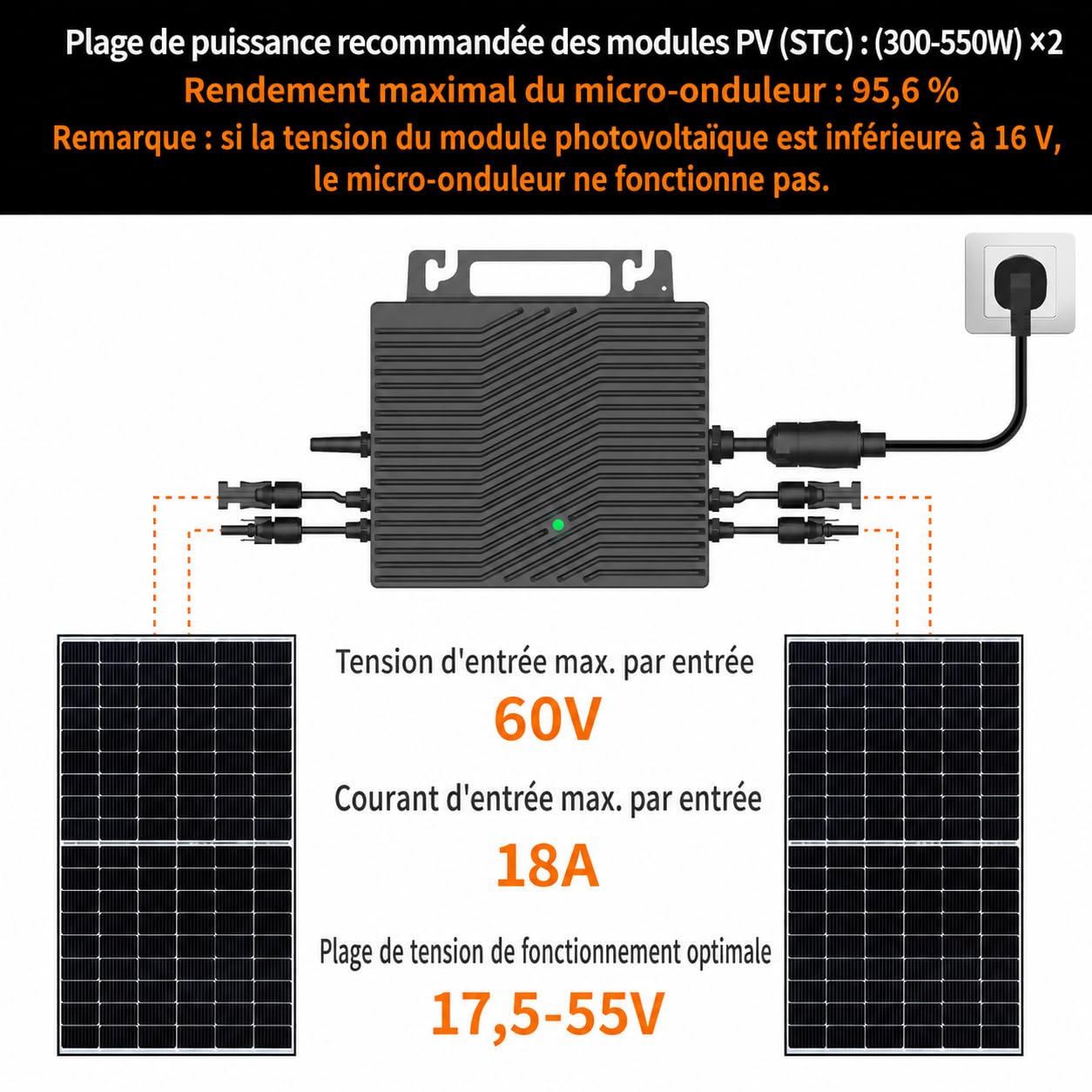 VN2T08 Micro-onduleur réseau 800W, Double MPPT 16–60V DC, Contrôle de l’Application Via Wi-FI, Certification en réseau, Plug & Play, IP67, idéal pour installations photovoltaïques de Balcon | Wi-Fi configuré via Bluetooth, certification réseau EN, Plug &