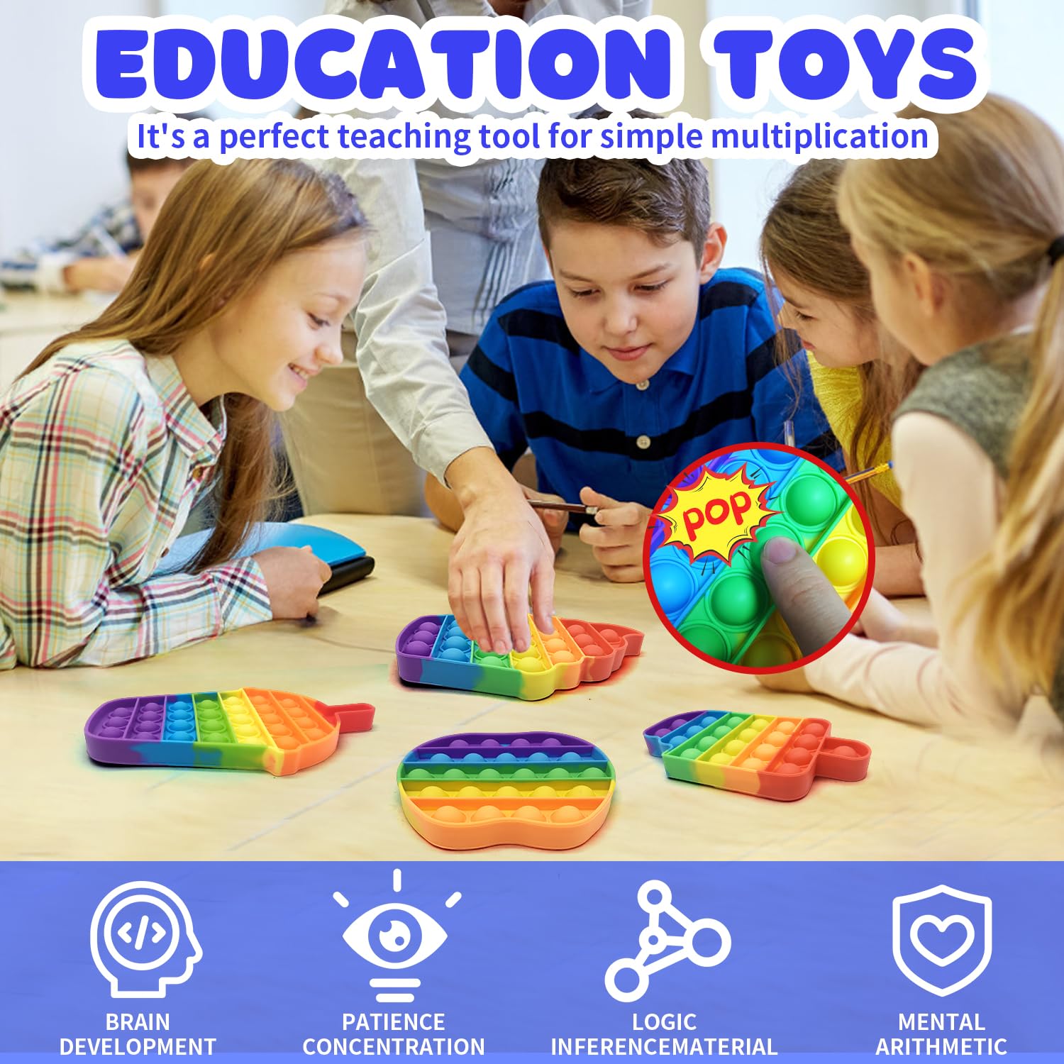 Zestaw 4 zabawek Pop Bubble Fidget Toy, silikonowe, tęczowe, sensoryczne zabawki, lody, jabłko, kubek, ulga lękowa, autyzm, antystresowe, urodziny, dla dzieci i dorosłych