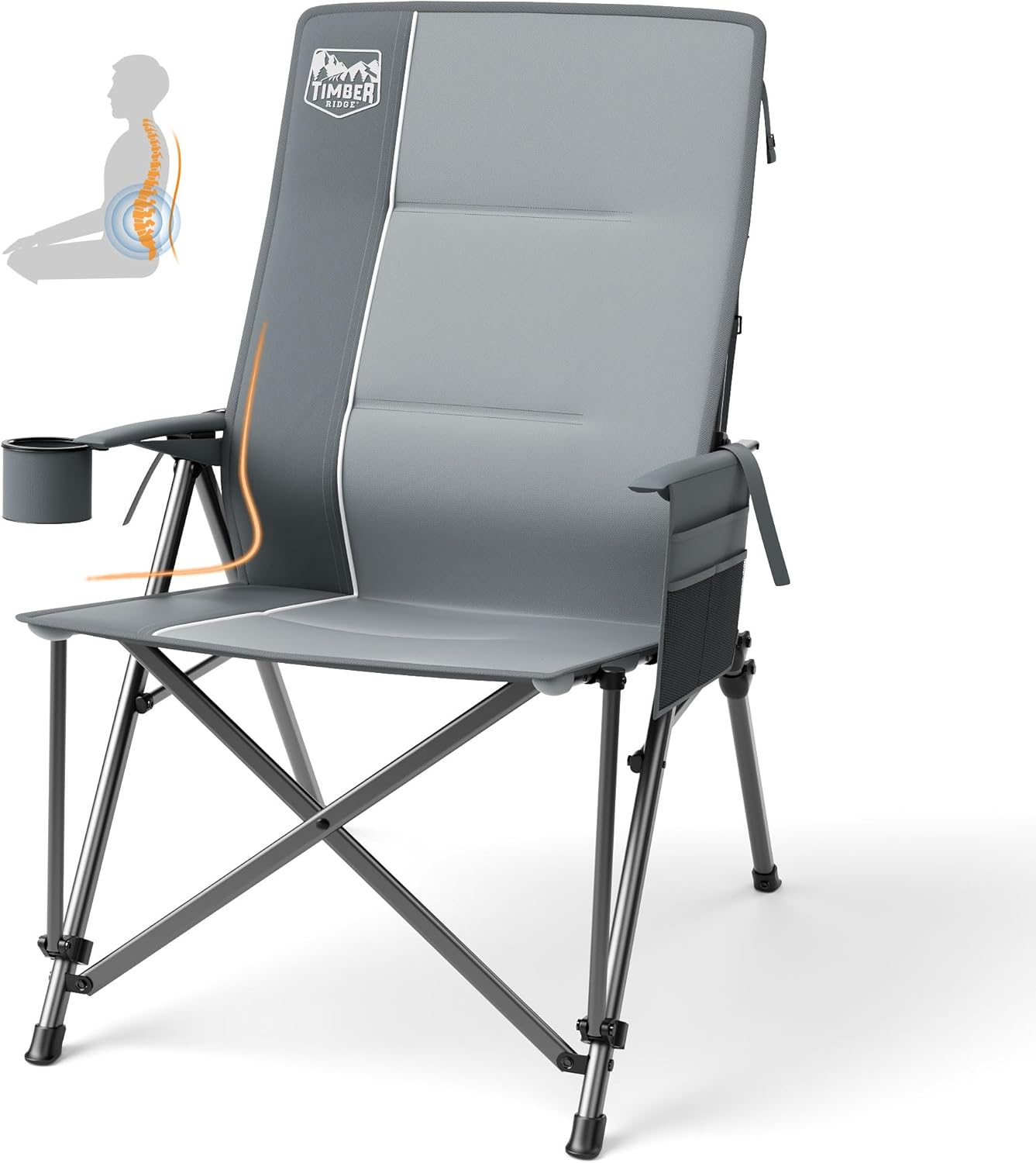 TIMBER RIDGE Oversized Camping Chair with Lumbar Support, Portable Folding Chair Heavy Duty for Adults Supports 450 LBS for Outdoor Camping Lawn, with High Back, Cup Holder, Side Pocket, Grey