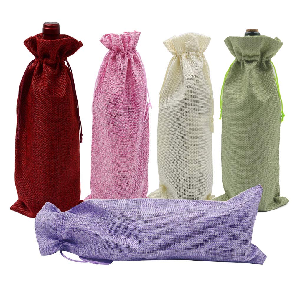 Bezall 10pcs Burlap Linen Wine Bags Drawstring Jute Champagne Wine Bottle Gift Bag Birthday Wedding Party Favor Wrap Pouches 13.7 x 5.9 Inches (Mixed Color)