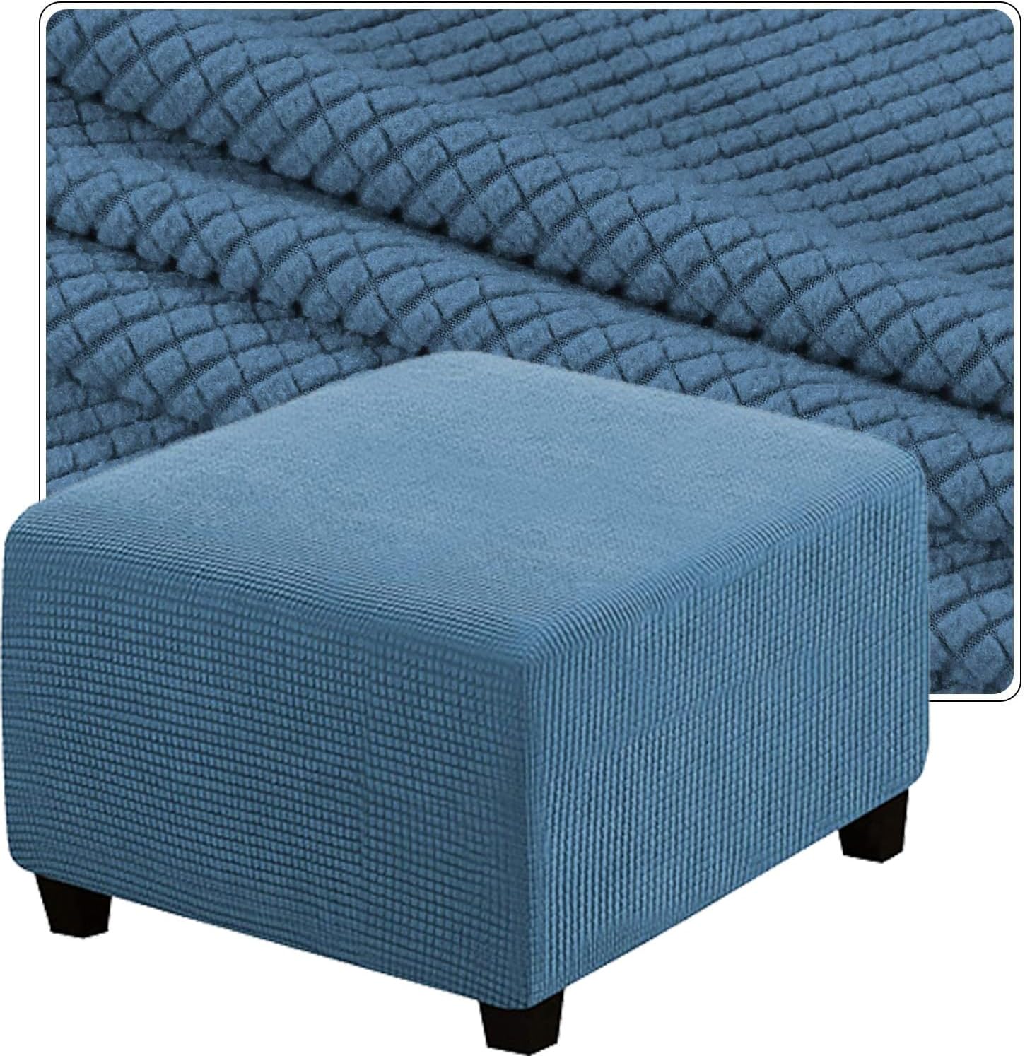 Stretch Ottoman Cover Square Custom Ottoman Slipcover Jacquard Fabric Stool Protector with Elastic Bottom Hassock Covers for Footstool Footrest Pouf Sofa Decorative(Dust Blue,100x100cm)