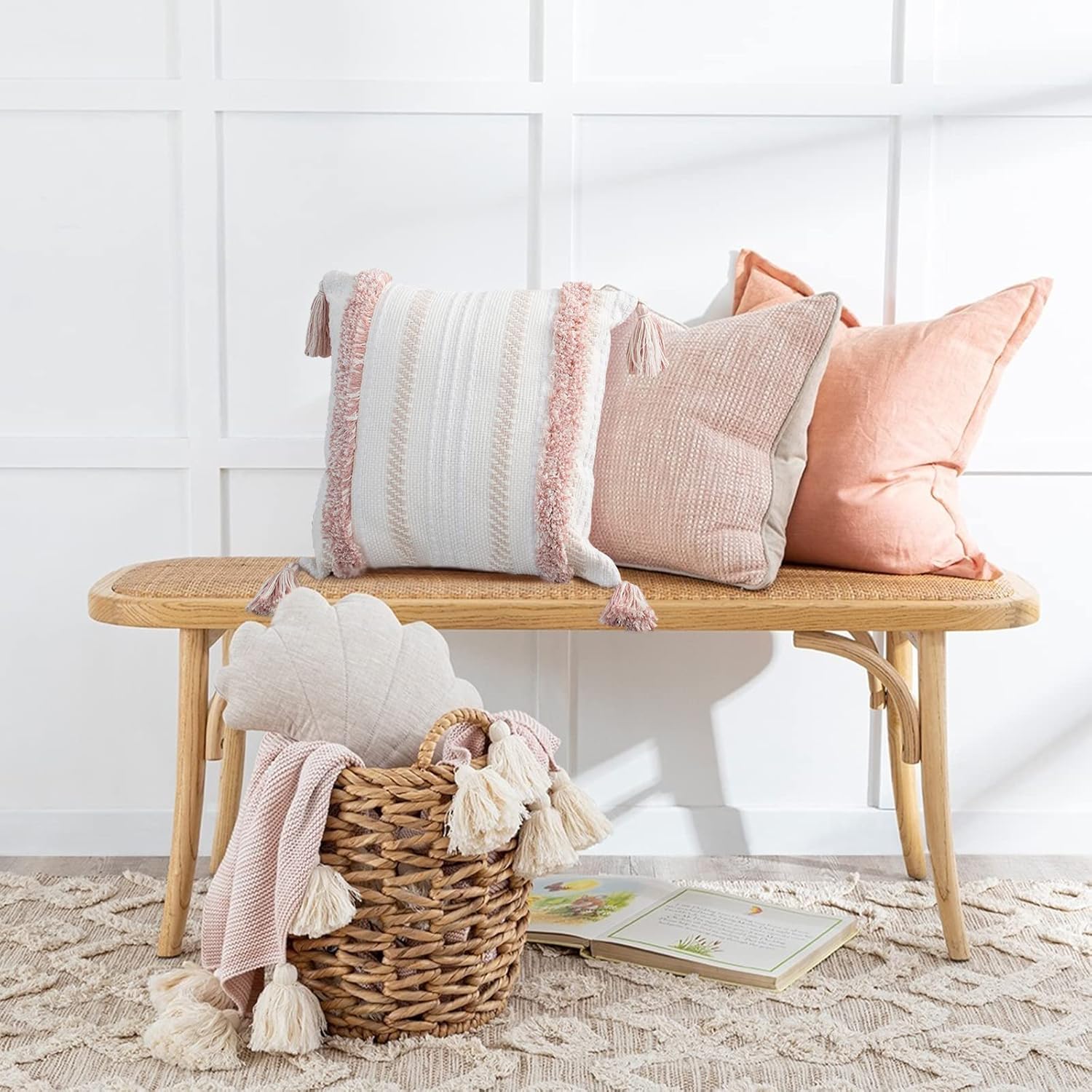 Boho Throw Pillow Covers 20 × 20 in Neutral Tufted Pink Square Decorative Case — Modern farmhouse accent pillow cover with tufting, tassels & textured weave perfect for couch, bed or living room décor