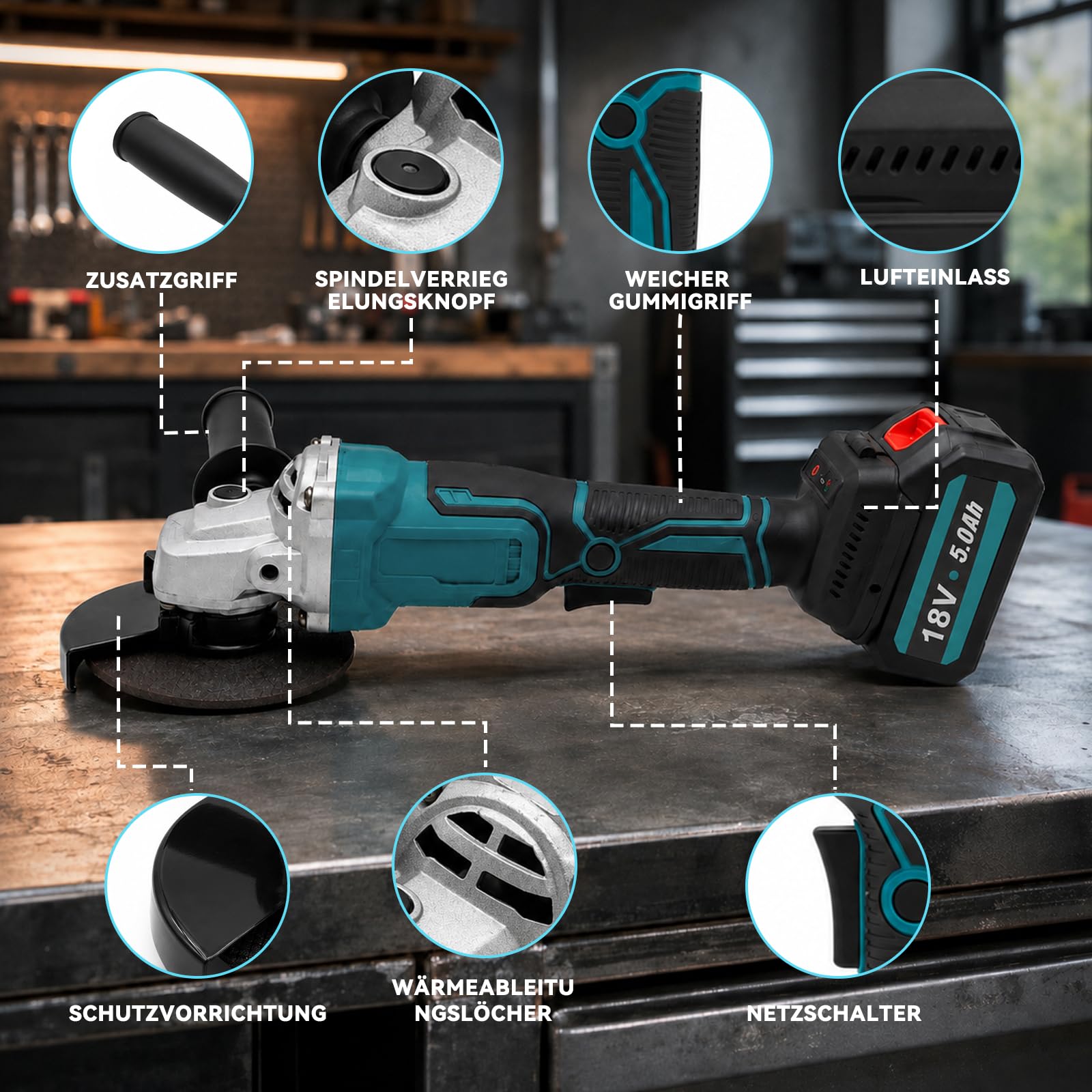 Akku Winkelschleifer Set 125mm Kompatibel mit Makita 18V Akku