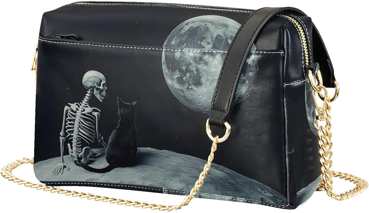 Women Crossbody Bag Shoulder Handbag Cellphone Purse PU Leather Metal Chain Strap Water Resistant Zipper Closure Skull at Moon Print