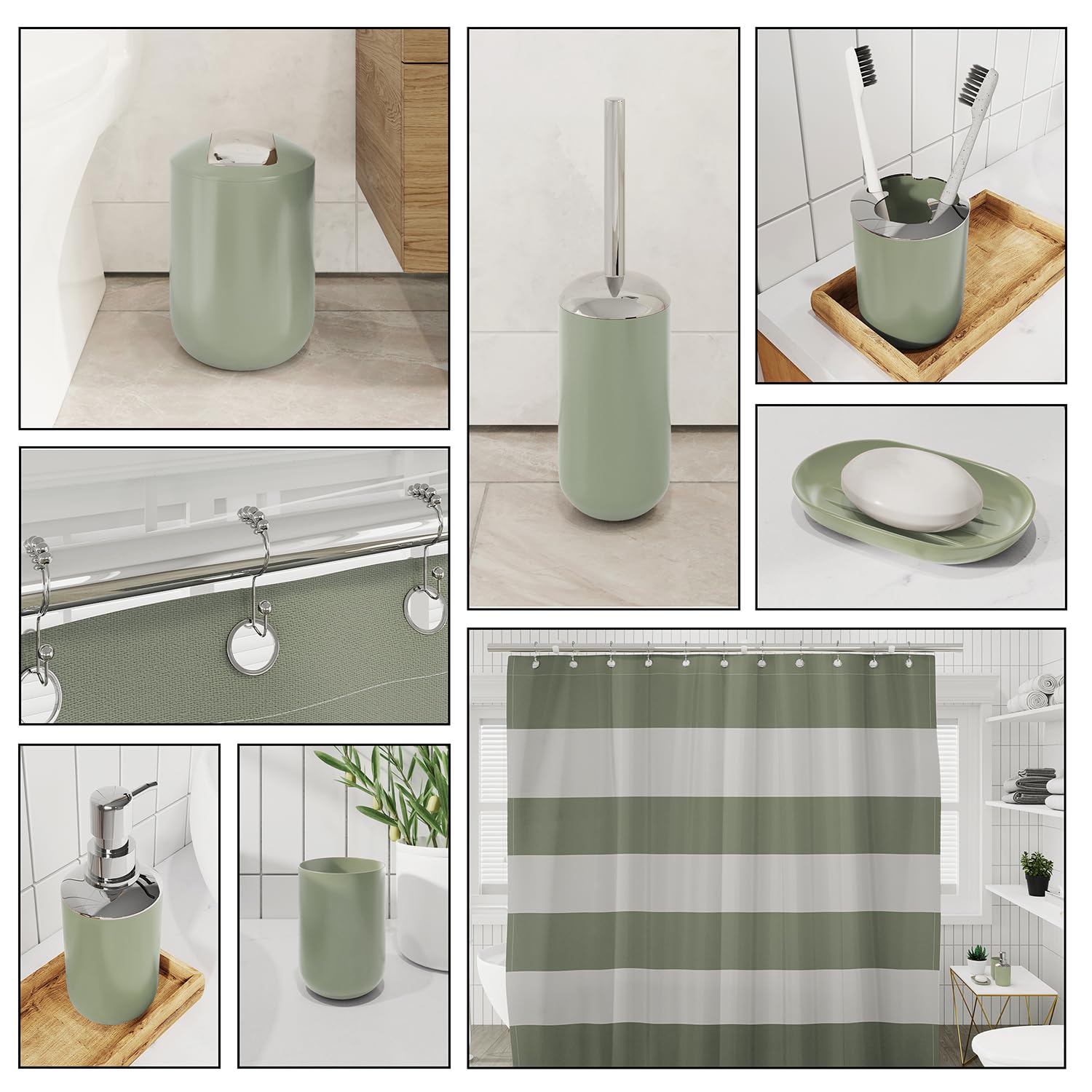 Clara Clark Set per Bagno - Set di Accessori per Bagno Verde Salvia, Set di Accessori per Bagno da 20 Pezzi, Set Tenda da Doccia con Fodera, Portaspazzolino, Dispenser Sapone, Portasapone e