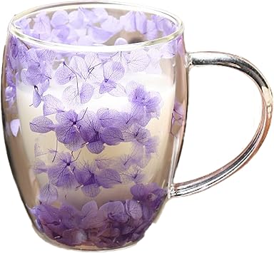 350ML Double Walled Glass Coffee Mugs, Aesthetic Dried Flowers Cups with Handles, Pattern Gifts Cup for Flower Lover, Insulated Layer Cup, Perfect for Tea Latte Juice Mothers Day