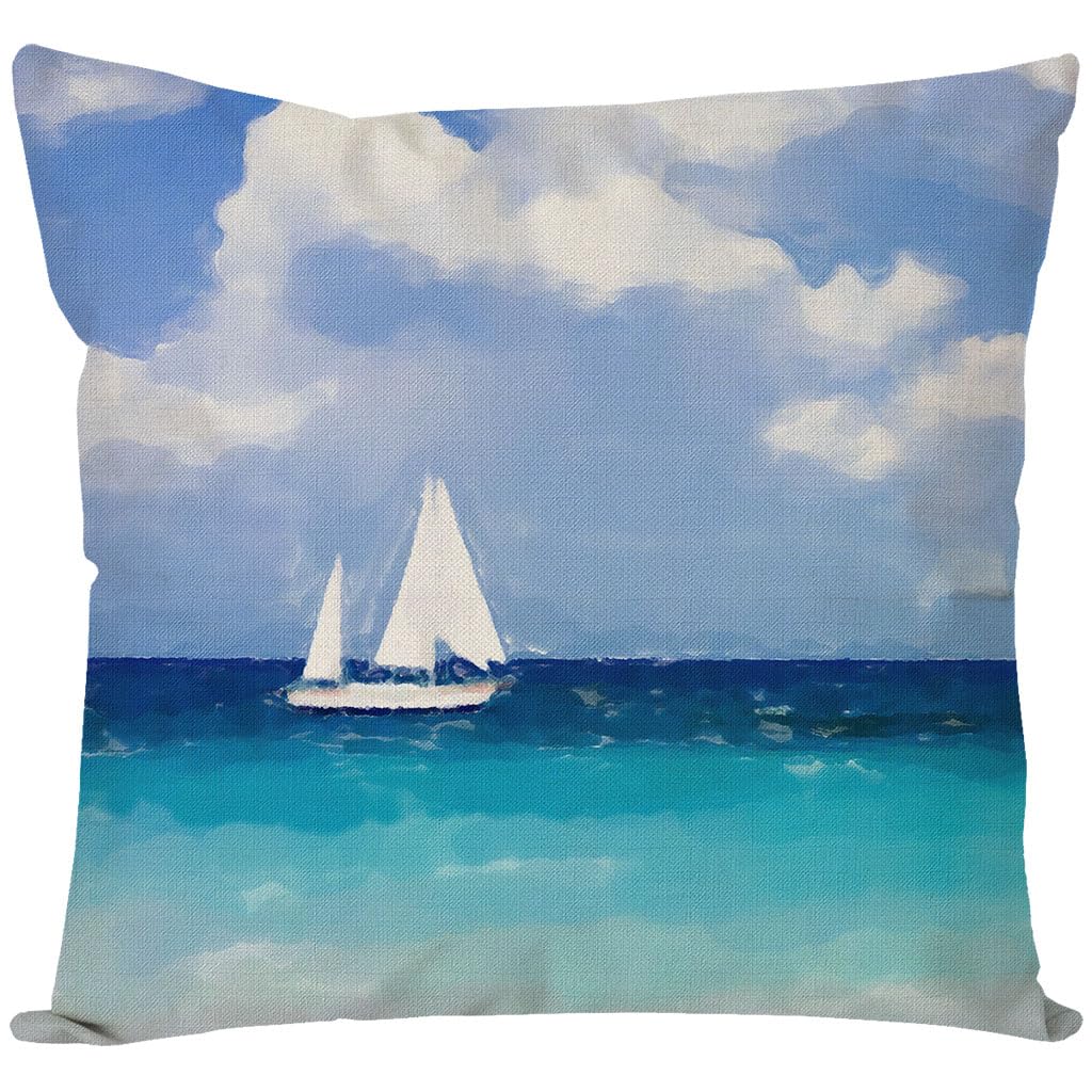 PANDICORN Summer Beach Throw Pillow Cover 18x18 Inch Sea Ocean Sailboat Nautical Coastal Blue Theme Outdoor Decorations Decorative Cushion Case for