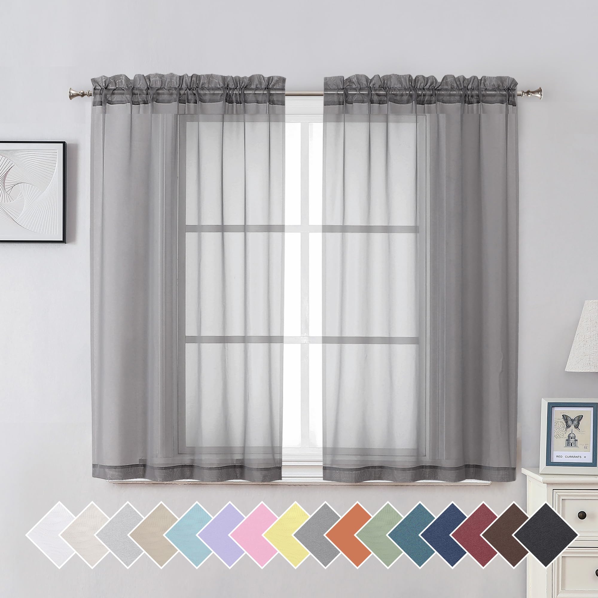 Photo 1 of Aiyufeng 2 Piece Grey Short Sheer Curtains 45 Inch Length, Light Filtering Kitchen Curtain for Bedrrom/Living Room/Kitchen Window, Voile Top Dual Rod Pocket, 2 x 40 W x 45" L