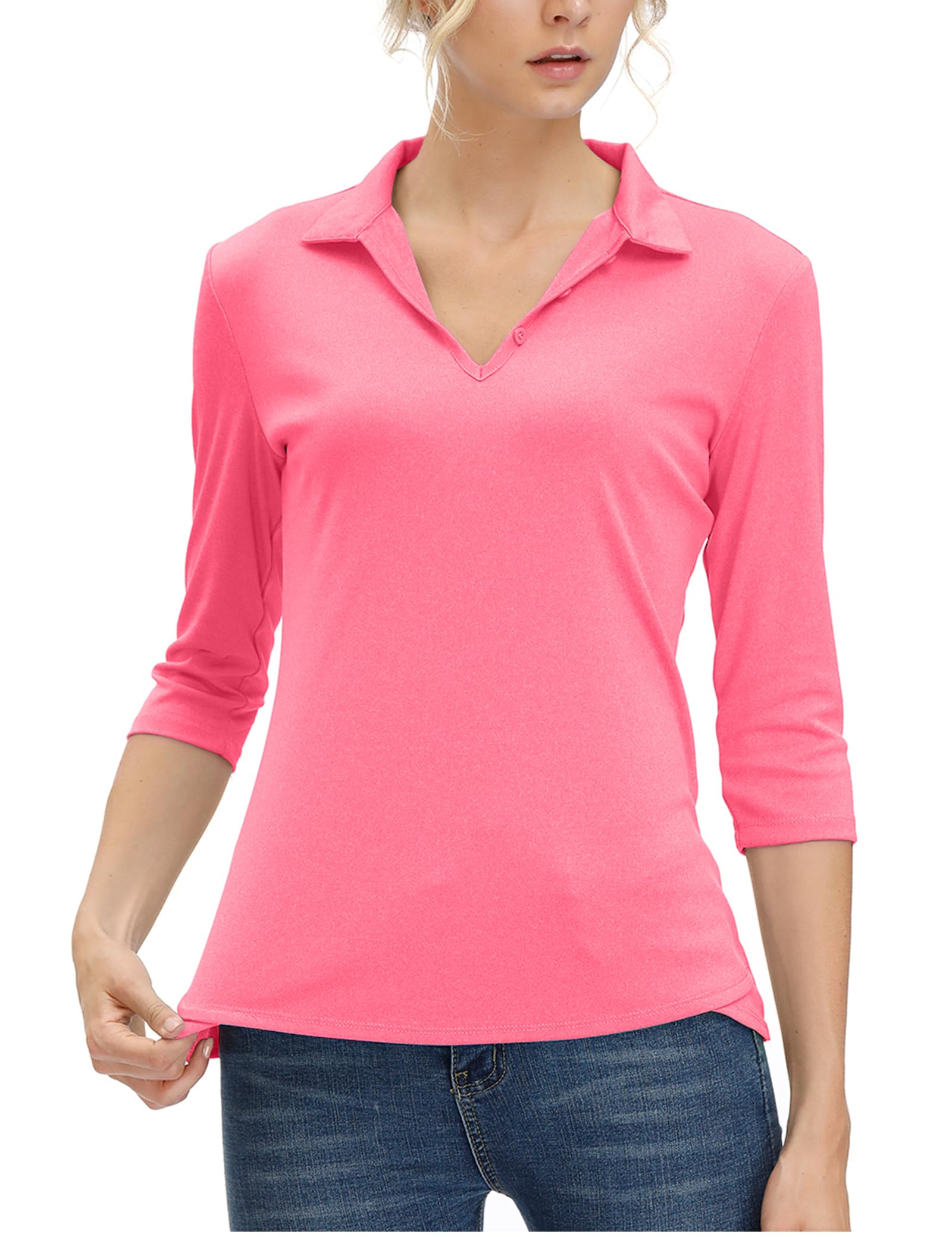 Women's 3/4 Sleeve V Neck Golf Shirt Mositure Wicking Performance Sports Polo T Shirt Tops for Women