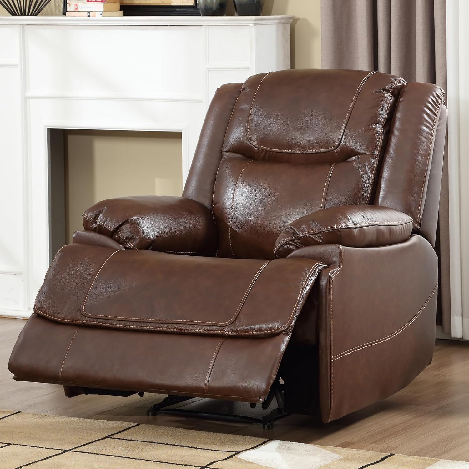 EBELLO Genuine Leather Manual Recliner Chair, Reclining Sofa Chair Couch for Living Room, Overstuffed Armrest and Padded Seat, Bedroom Furniture, Meeting Room, Brown