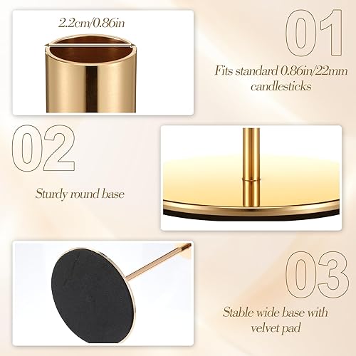 Miniatura 3 de Paquete de 12 portavelas cónicos dorados a granel, portavelas de metal francés dorado con almohadilla antideslizante para boda, aniversario, hogar