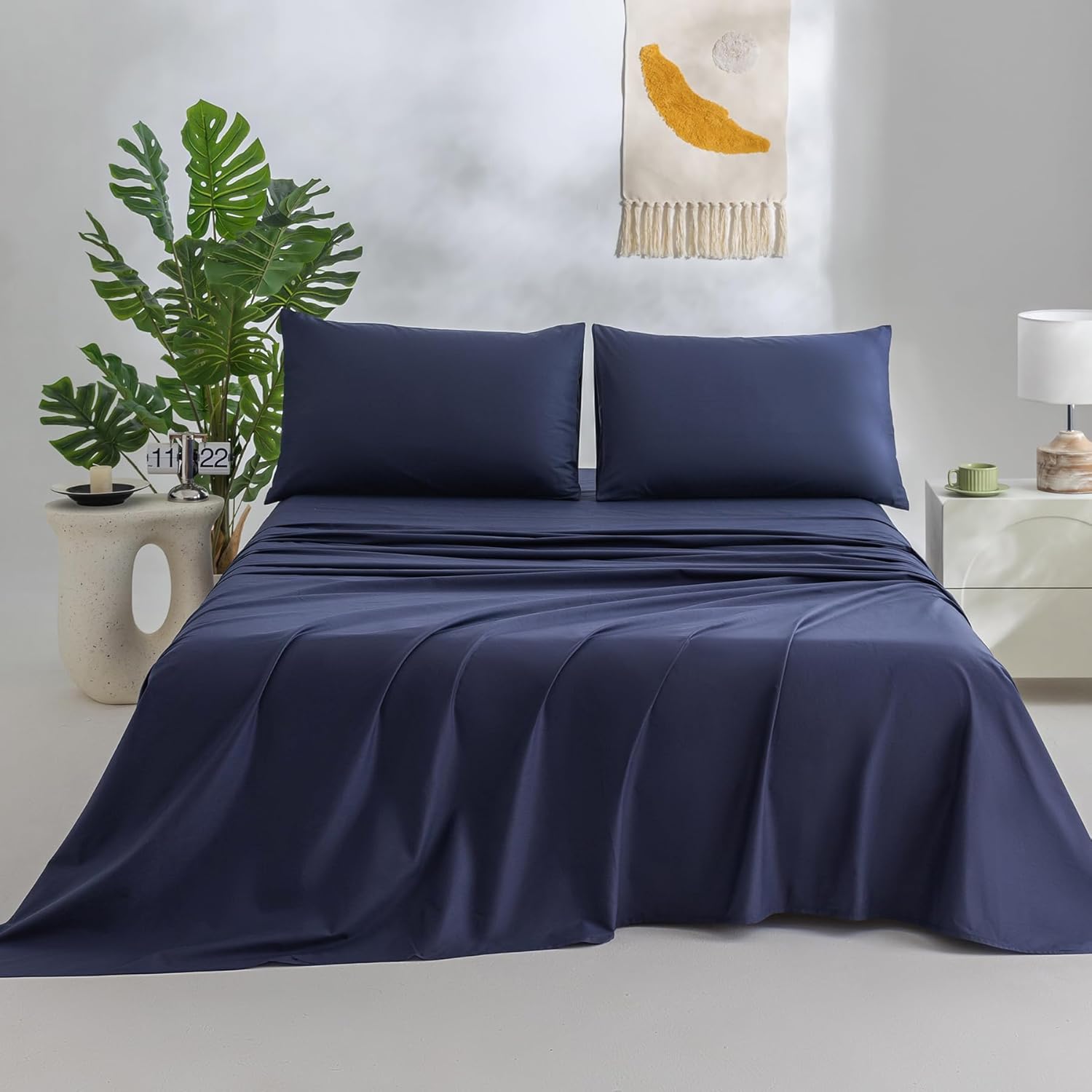 100% Cotton Sheets Cal King Size Sheets Deep Pocket Fits 18"-24" Mattress Luxury Soft Breathable Cooling Navy Blue Cotton Cal King Sheet Set 4 Pieces Cotton Bed Sheets