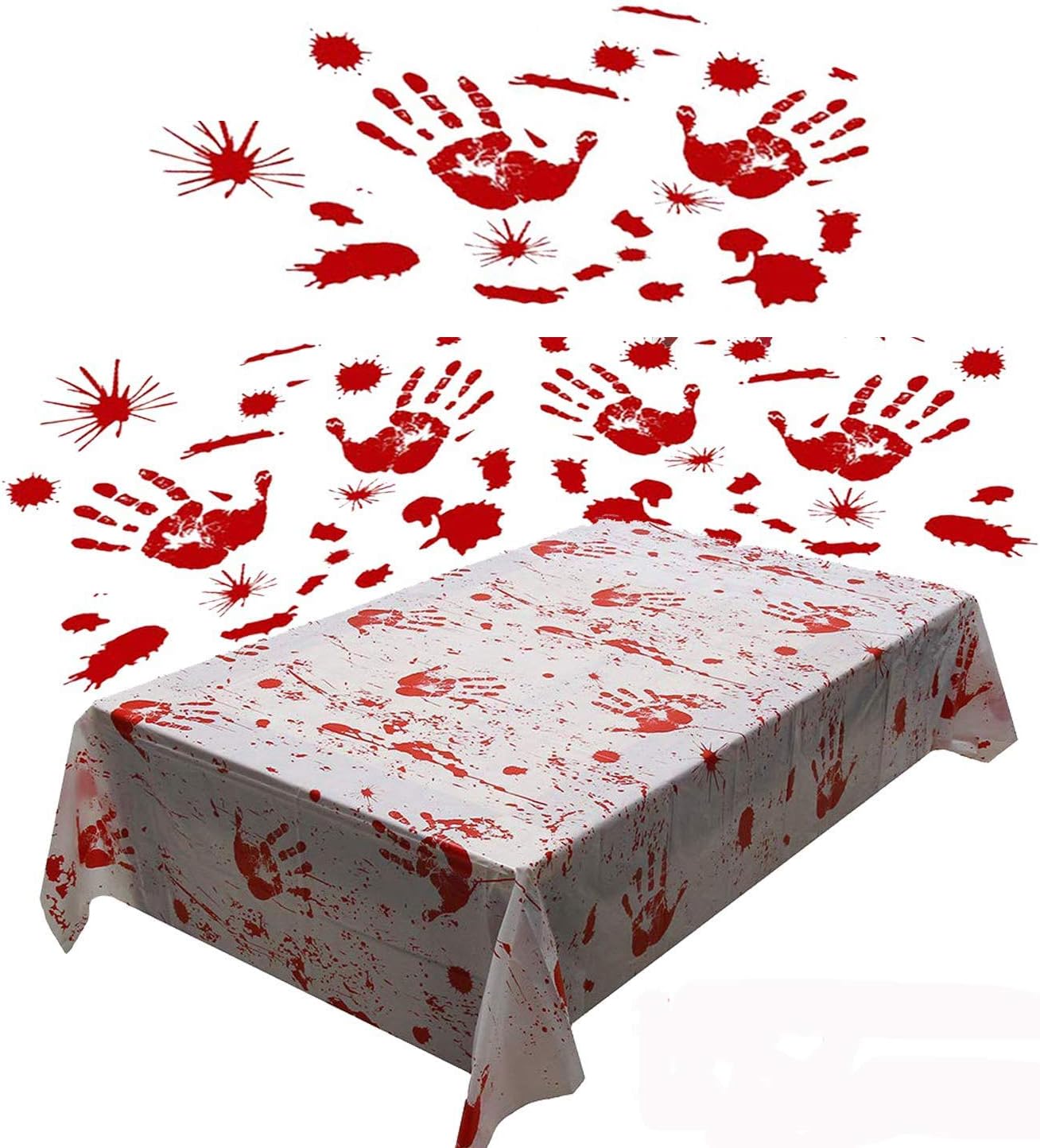 Halloween Table Cover Tablecloth Handprints Bloodstained Decals Set of 3 and Bloody Props Weapons Banners for Horror Hospital Theme Halloween Party Vampire Zombie Party Decorations