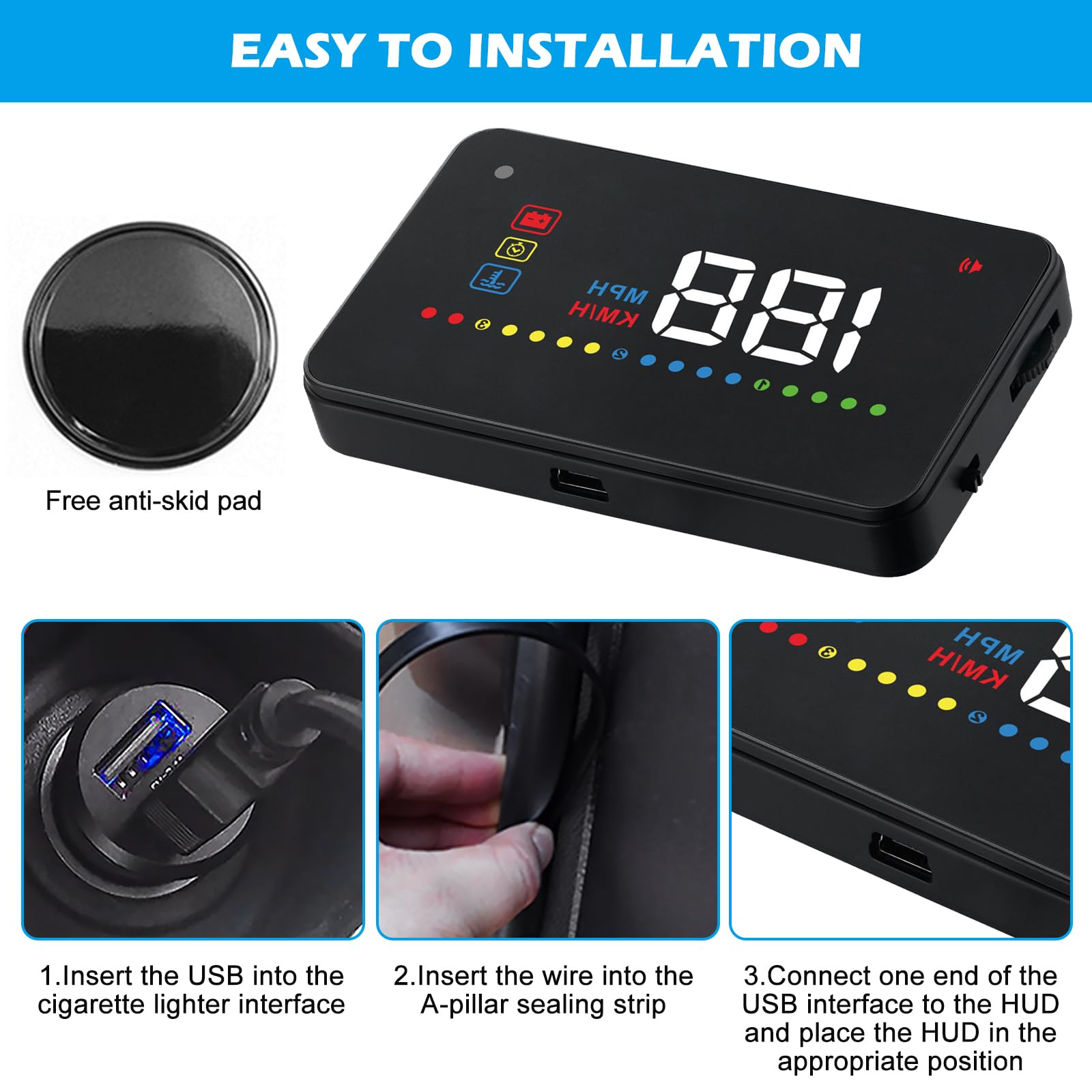 Écran tête haute de 3,5" pour voiture, matériau ABS + PC de qualité supérieure, écran HUD de voiture, affichage LED, compatibilité OBD2, speedomètre, compteur de vitesse, pour une utilisation
