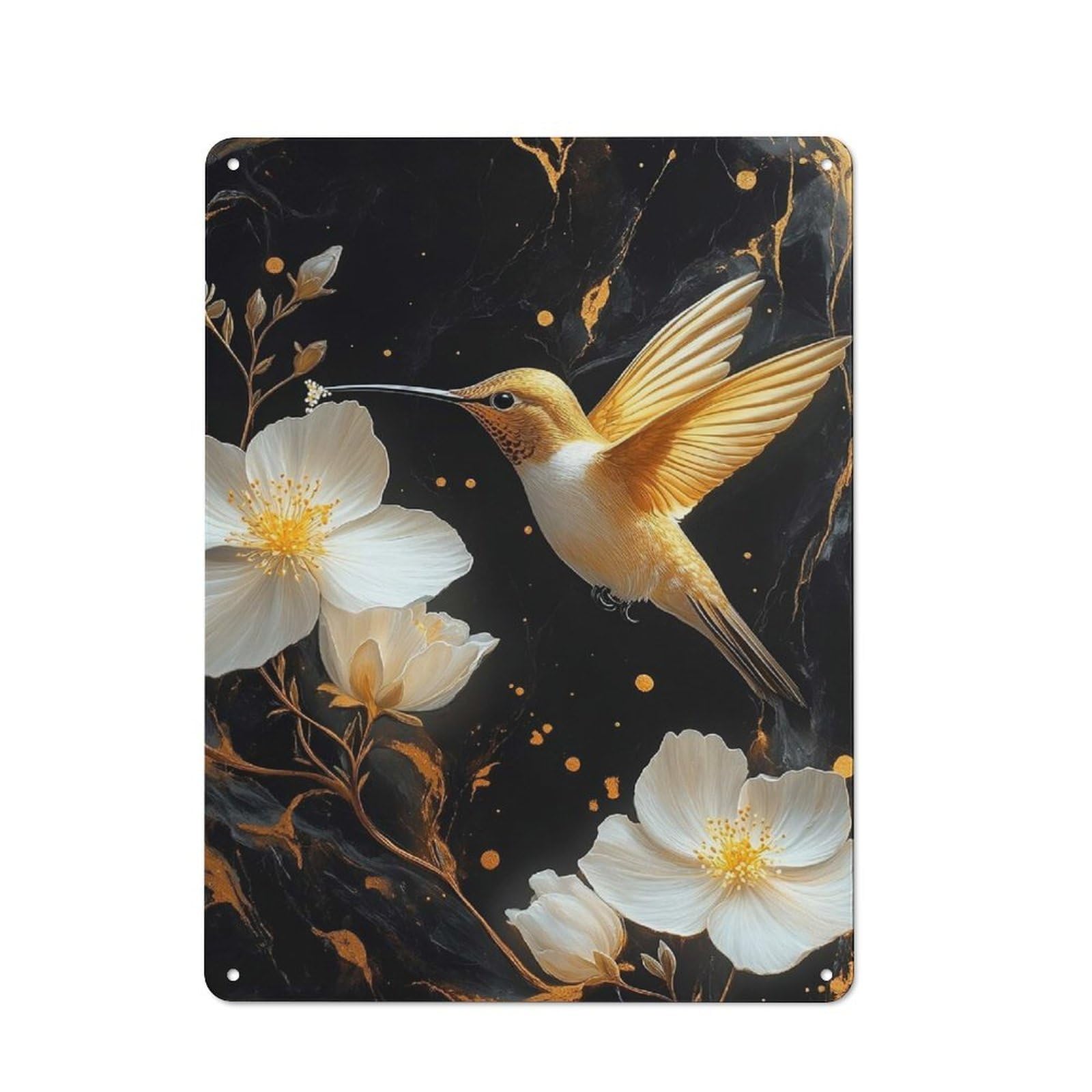 Junmoney Style Golden Hummingbird And White Flowers Art Printed Metal Sign 40X30cm For Café Or Home Bar, For Kitchen And Home Bar Decor, For Cafés, Pubs And Restaurants