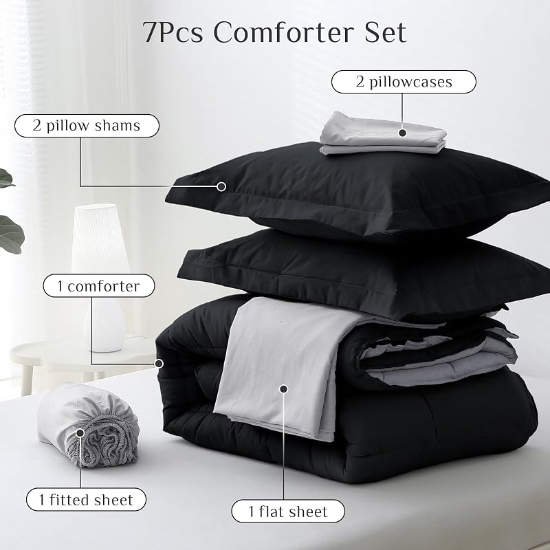 JOLLYVOGUE Queen Comforter Set, Ultra-Soft Bed in a Bag Queen Size 7 Pieces, Oeko-TEX Certified Bedding Set with Down Alternative Comforter, Sheets, Pillowcases & Shams, Black & Light Grey image 5