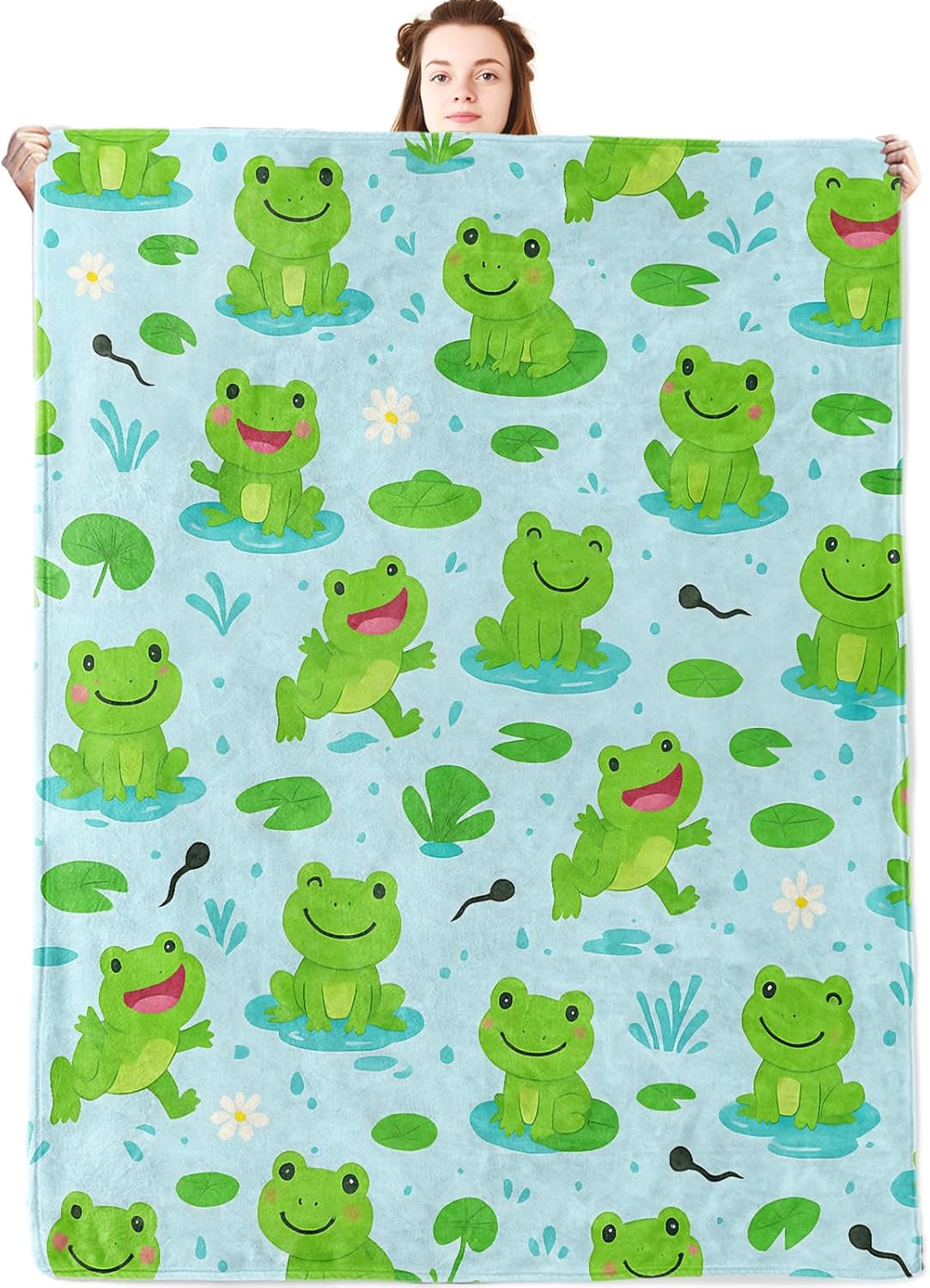 Cute Cartoon Frog Flannel Blanket,Playful Frogs and Lily Throw with Light Blue Background,Fun Animal Throws,Lightweight Fleece Blankets for Adults,Couch,Cabin,Bed,Camping Decor Gifts,60x50in