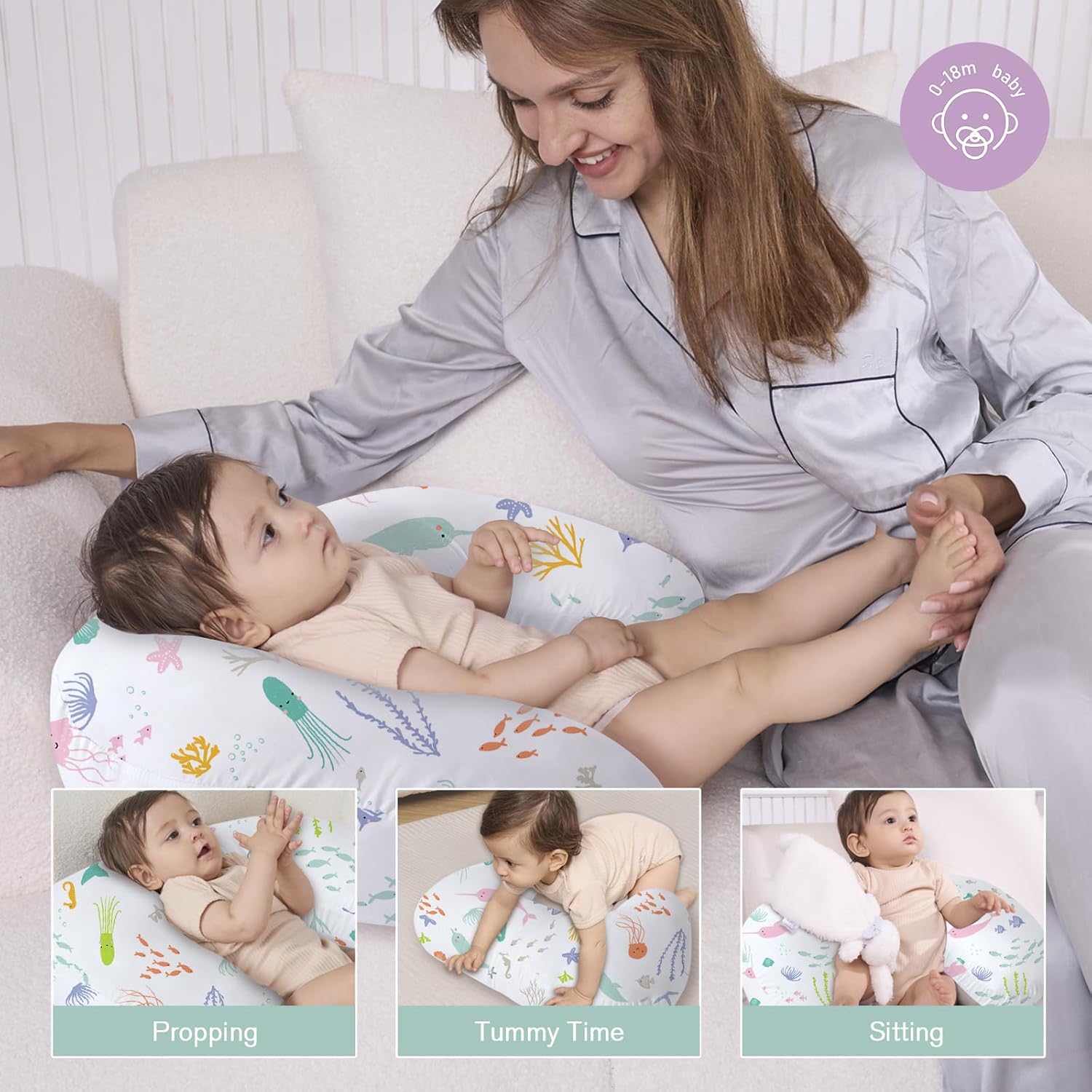 Little Grape Land Nursing Pillow for Breastfeeding, Ergonomic Feeding Pillow with Removable Cover, Baby Feeding Pillow with Hidden Zipper Guard and Supportive Breathable Filling, Ocean, Upgraded