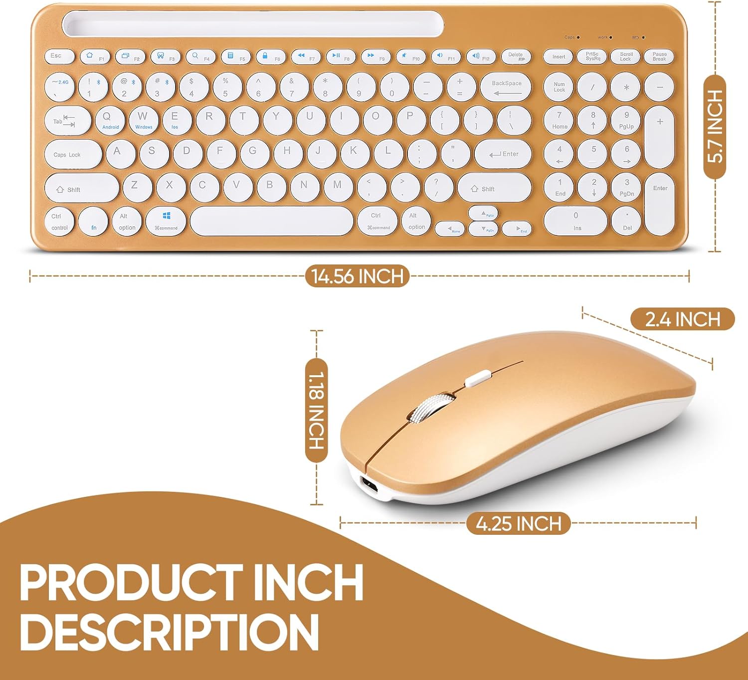 wireless keyboard and mouse combo with phone tablet holder, rechargeable dual-mode (bluetooth 5.0 and 3.0 +2.4g) multi-device silent mouse for windows, ipad, tablet, macos,ios,android (gold)