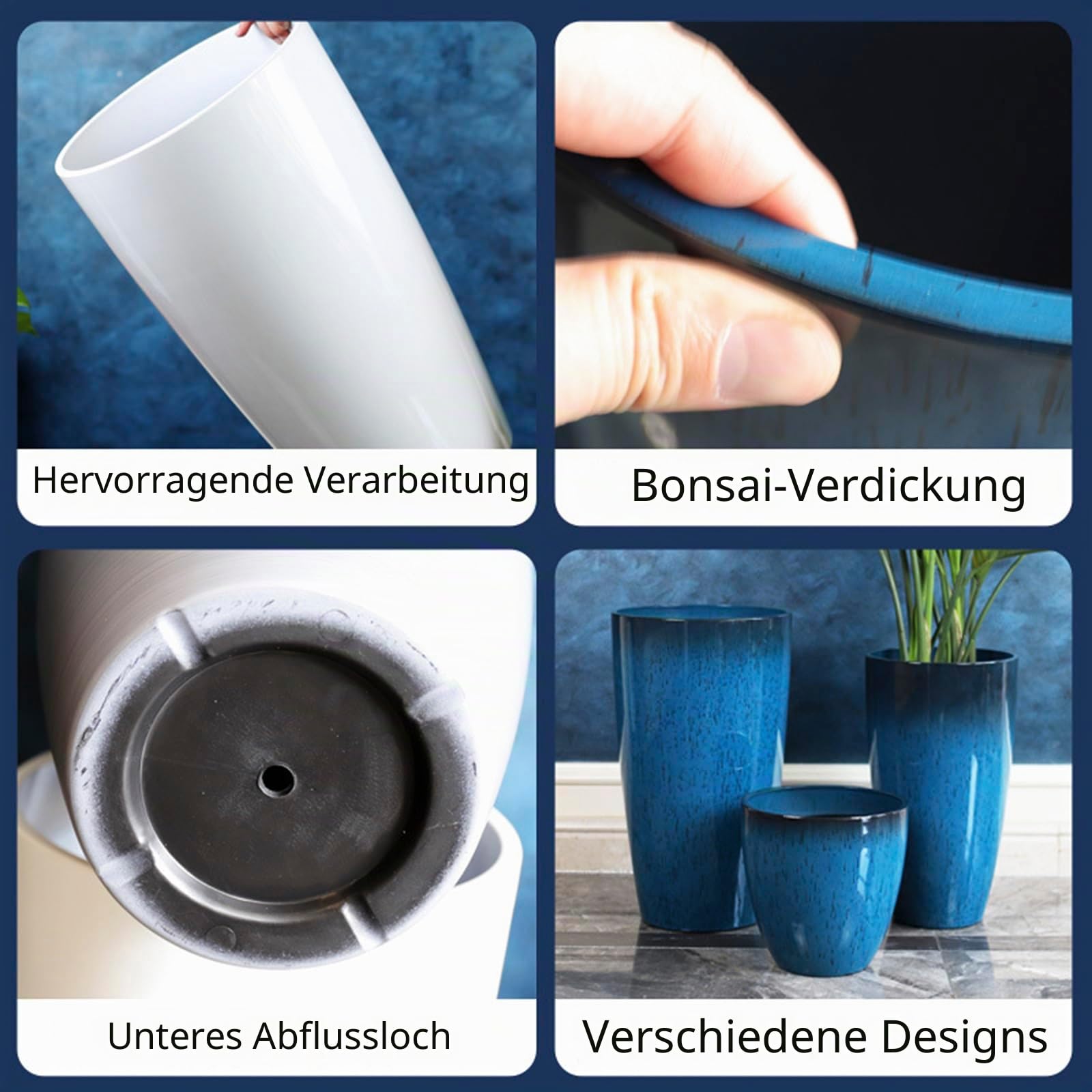 Große Kunststoff-Pflanzgefäße mit Tablett 28+30+53 cm Höhe 3er-Set für den Innen- und Außenbereich, leicht, dekorative Blumentöpfe, hoher Pflanztopf für Garten, Terrasse, Veranda, Ecke, blau, rund