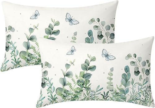 Juego de 2 fundas de almohada lumbares de hojas de eucalipto primaverales de 12 x 20 pulgadas, fundas de almohada lumbares de hojas verdes salvia y