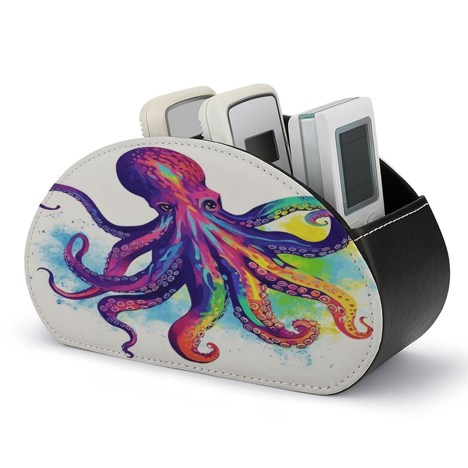 VstaDank Colorful Octopus Remote Control Holder with 5 Compartments PU Leather Remote Caddy Desktop Organizer Store TV Remote Control Storage Box for Home Office Desk Nightstand