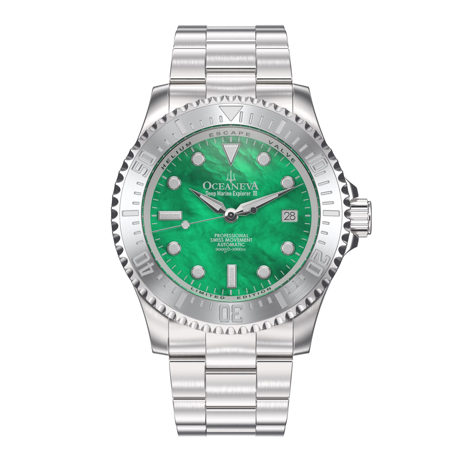 Oceaneva™ Men's Deep Marine Explorer III 3000M Pro Diver Watch Green Mother of Pearl Dial - Stainless Steel Bracelet 38 Hour Power Reserve