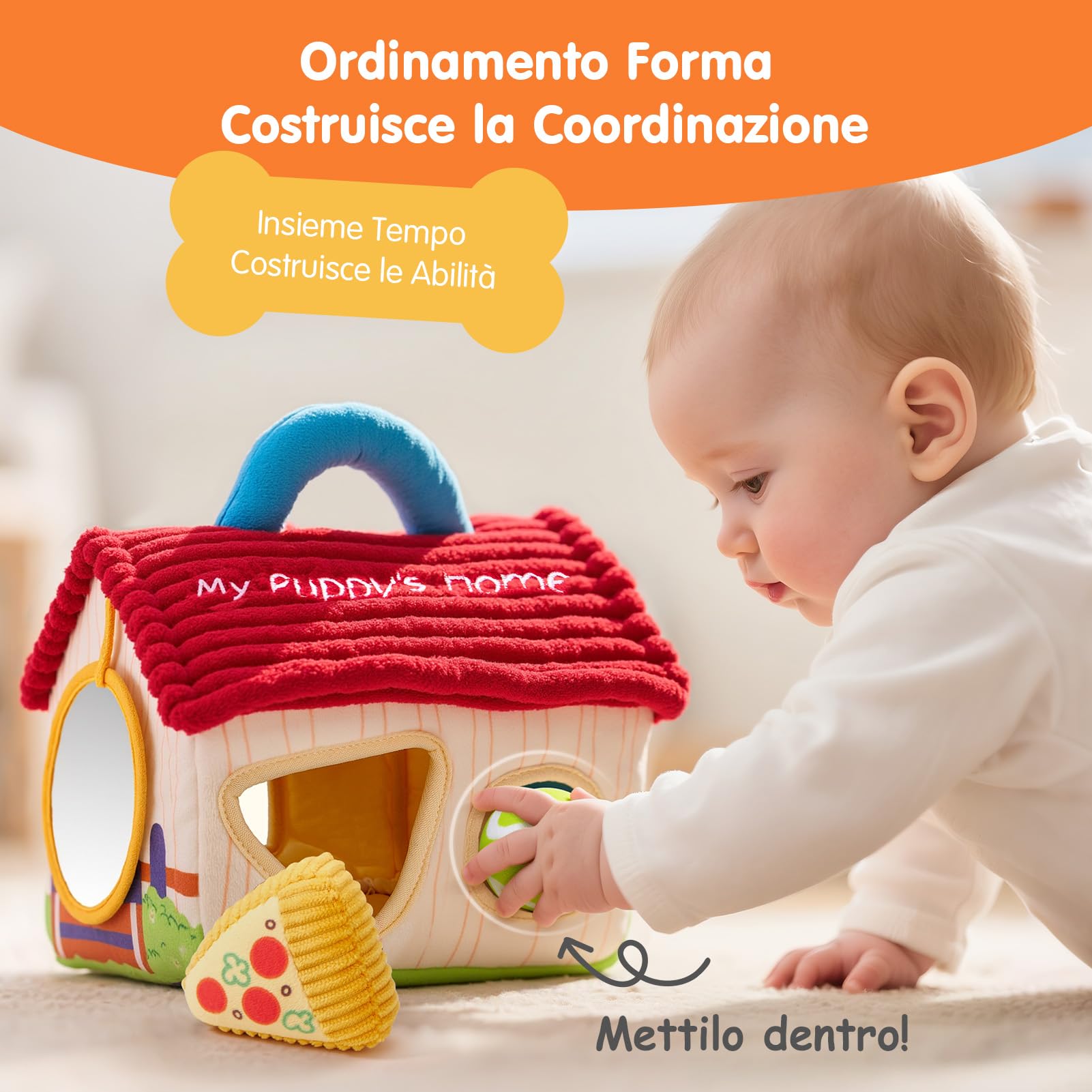 hahaland Giochi Neonato 6 Mesi - 8 PCS Set di Cane Peluche con Fienile & Corrispondenza delle Forme - Giocattolo Educativi per Bambini, Montessori Sensoriale Regalo Bimbo Bimba 6 9 12 Mesi