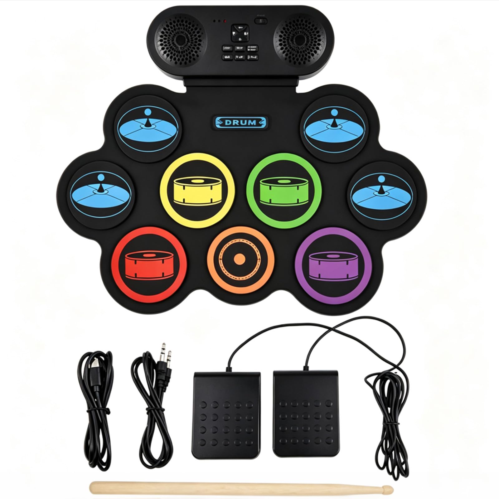Batería electrónica plegable con 7 almohadillas, batería electrónica portátil con baquetas y altavoces dobles, ideal para niños y principiantes como regalo de cumpleaños o idea de regalo