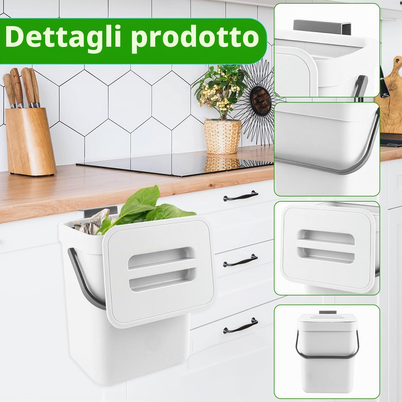 Secchio da Compost da Cucina Piccolo, Bidone della Spazzatura da Appendere, Biometro, Pattumiera per Piano di Lavoro, Contenitore con Coperchio, Compostiera, per Interni, 3 L, Bianco