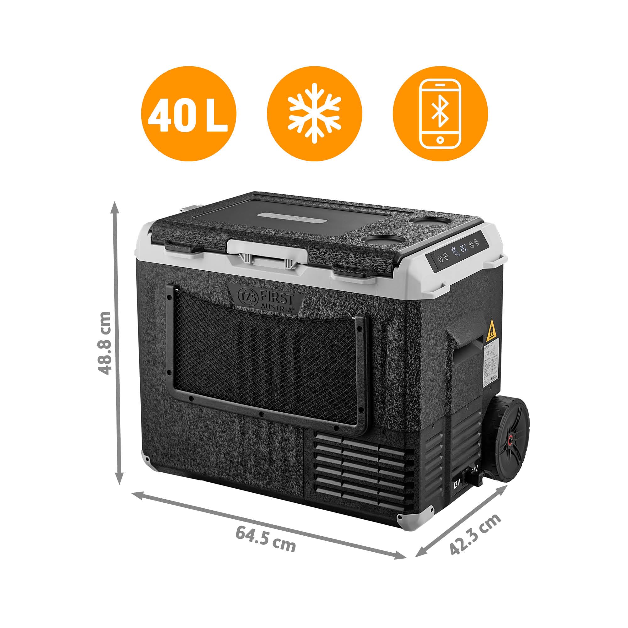 TZS First Austria - Kompressor-Kühlbox 40L - Energieklasse B - Kühlung bis -20°C - App per Bluetooth - 12/24V & 230V - USB-Ausgang - Trolley & Vollzubehör – Schwarz