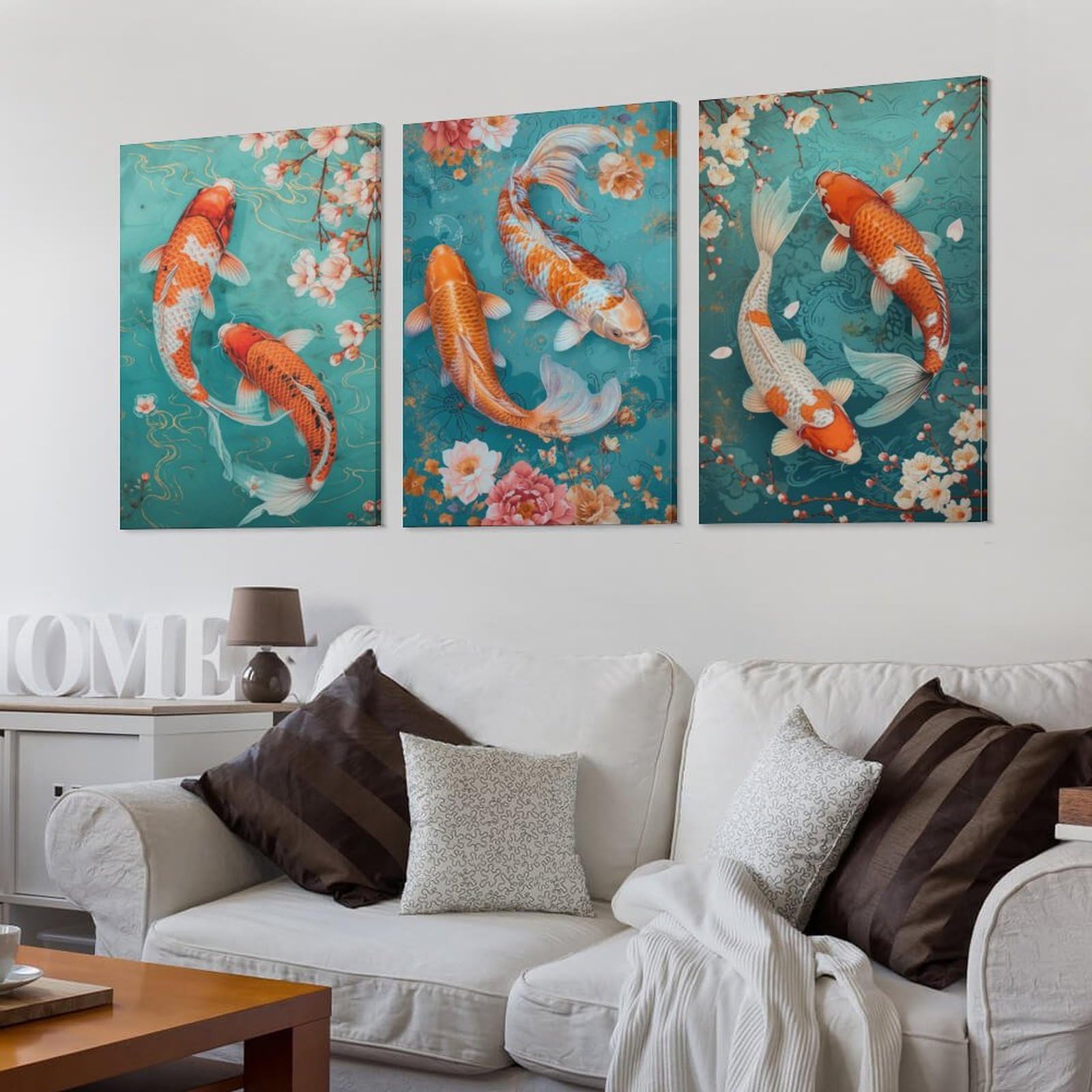 Amazon.co.jp: 3枚 花の下を二匹の鯉が泳いでいる 絵画 インテリア