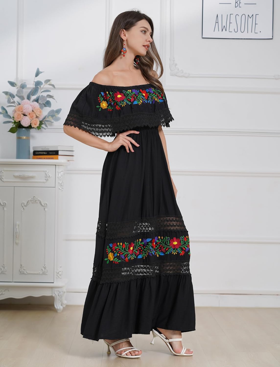 Mexican Dress for Women Floral Embroidered Off Shoulder Long Maxi Dress Summer Casual - Image 5