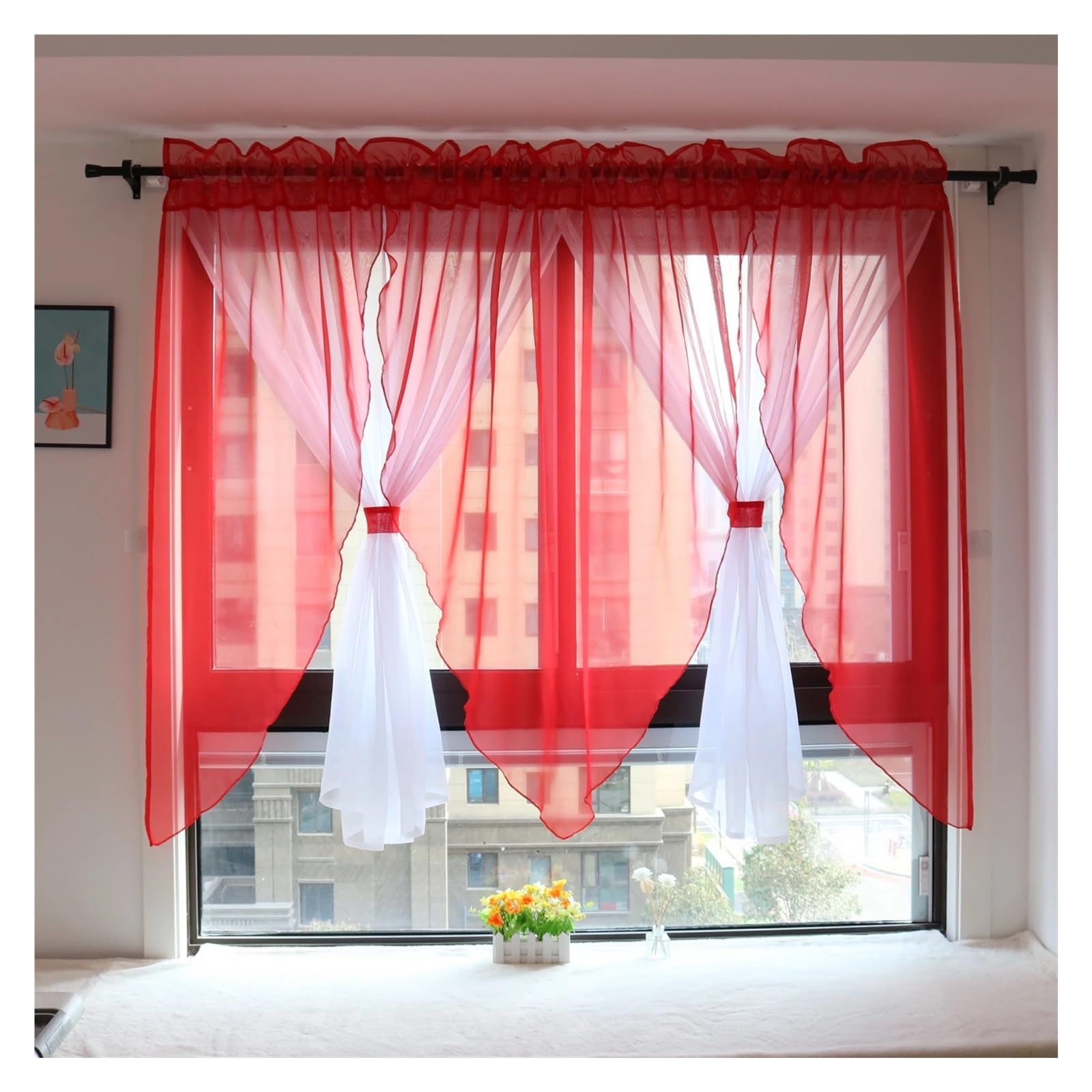 MKYYIOED Short Curtains Solid Voile Veil Livingroom Balcony Bedroom Curtain Sheer Short Kitchen Window Treatments(Red,NARROW PLEATED TAPE_W300CM X H140CM)