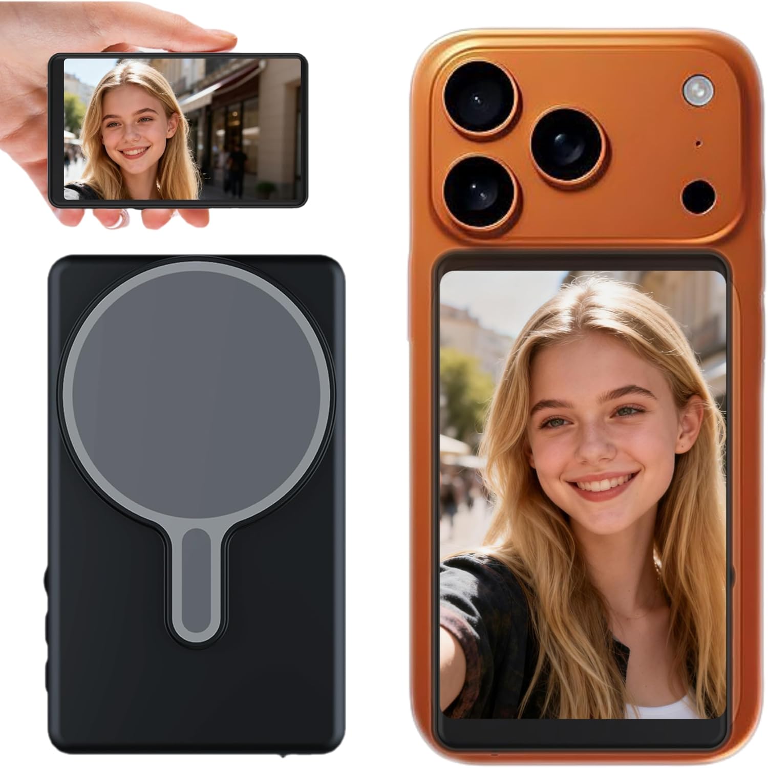 Selfie Monitor Screen, Magnetic Selfie Screen WiFi 2.4G/5G Bluetooth Dual-Mode 40 Meter Wireless Transmission, Back Camera Monitor for Vlog Live Stream TikTok, Compatible with iPhone & Android Black