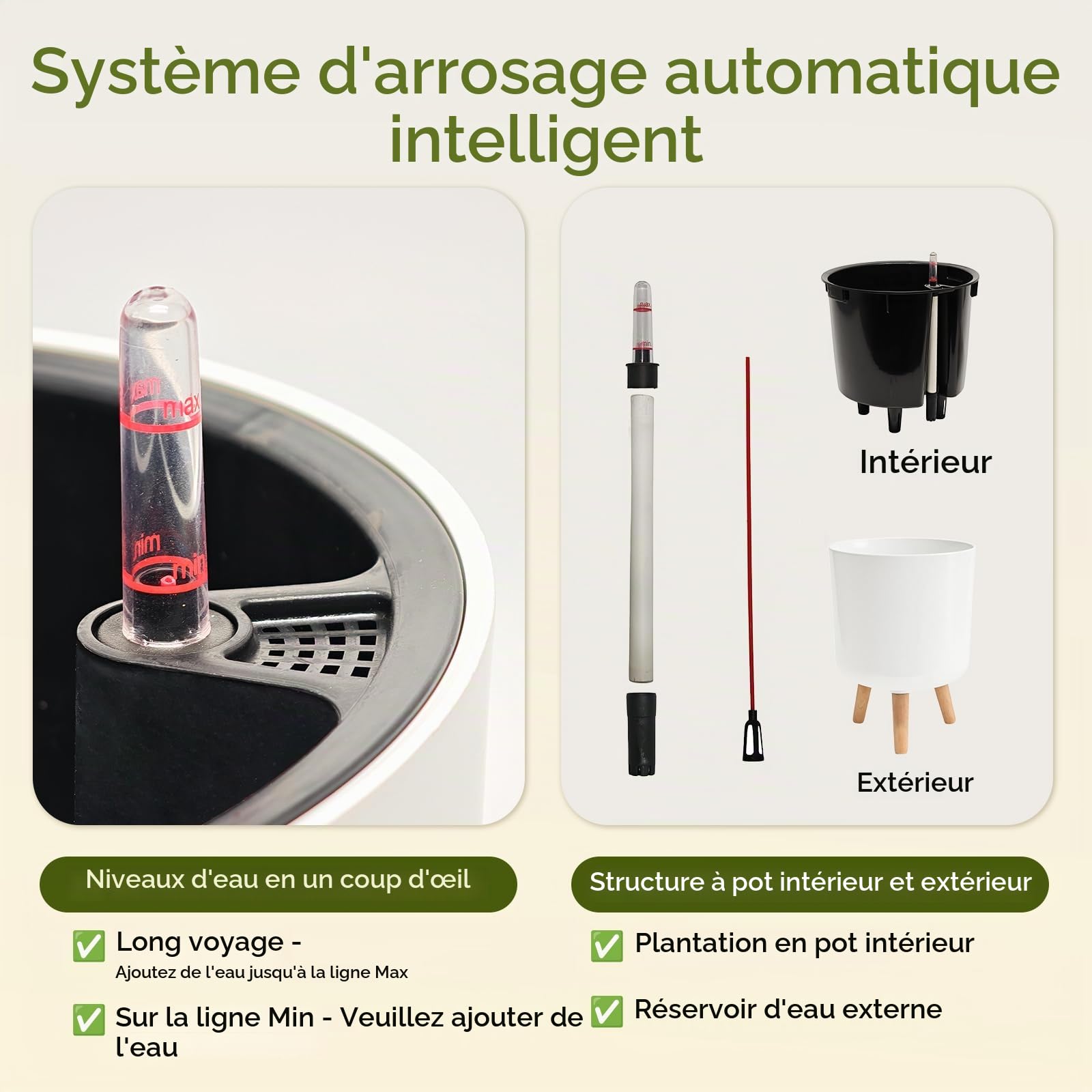 Bamworld Pots de Fleurs d'intérieur avec Support de Plantes 24,4 cm à arrosage Automatique avec Pieds en Bois Amovibles et indicateur de Niveau d'eau, Pot de Fleurs Moderne avec Pot intérieur
