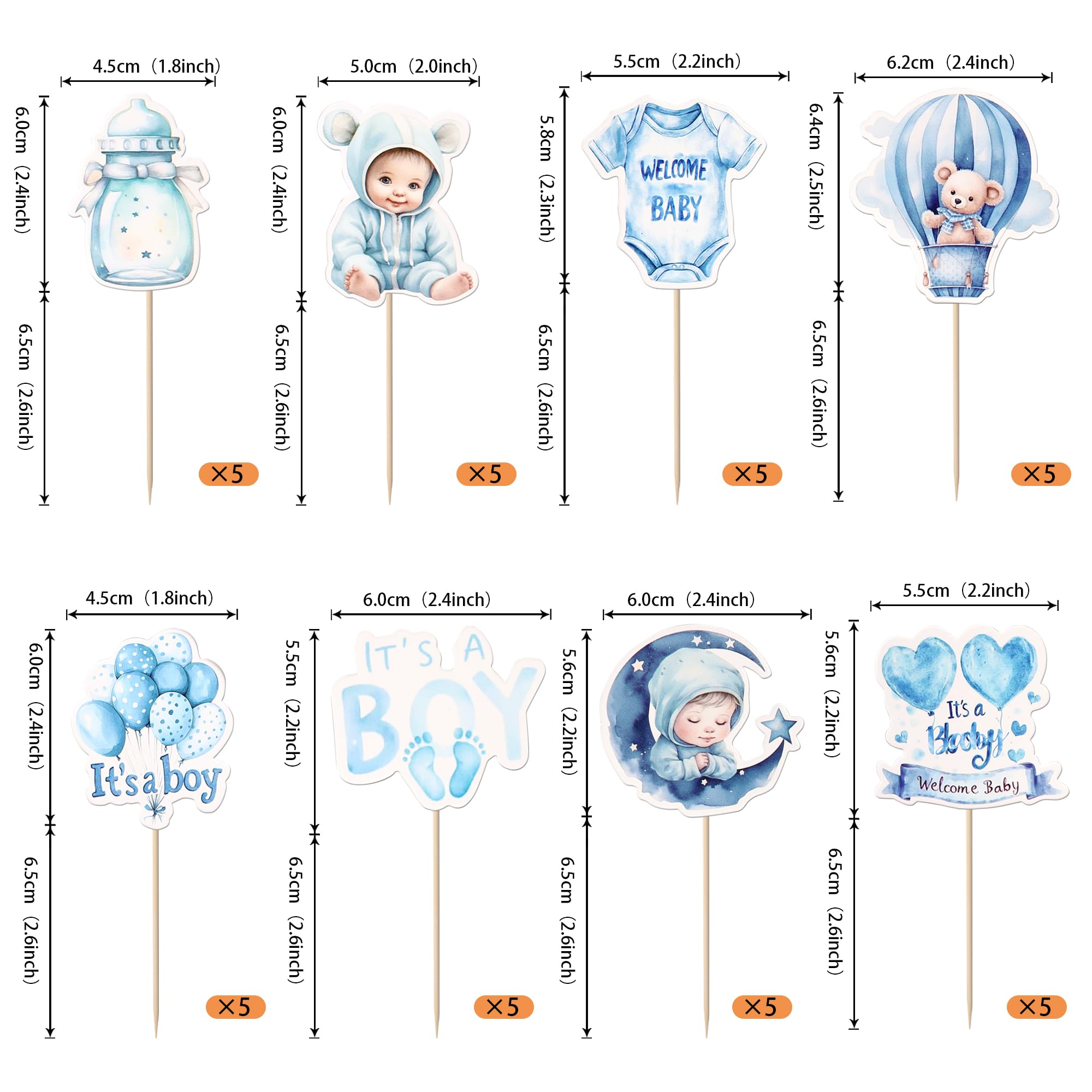 SYKYCTCY 40 Pack Baby Boy Cupcake Topper It's a Boy Cupcake Picks Blue Moon Baby Bottle Hot Air Balloon Cake Decorations for Welcome Baby Theme Gender Reveal Baby Boy Bithday Party Supplies - Image 2
