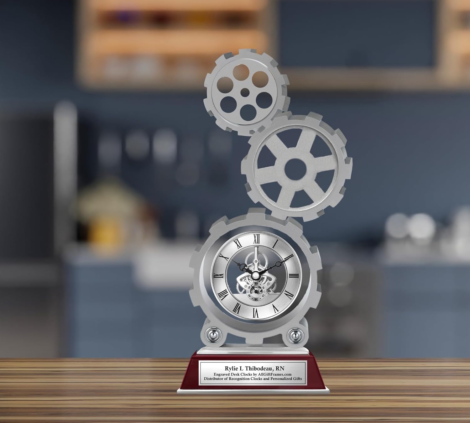 AllGiftFrames Gear Desk Clock with Silver Engraving Plate and Optional Photo Picture Frame. Great Engineering Gift Engineers, Graduation and Retirement Awards