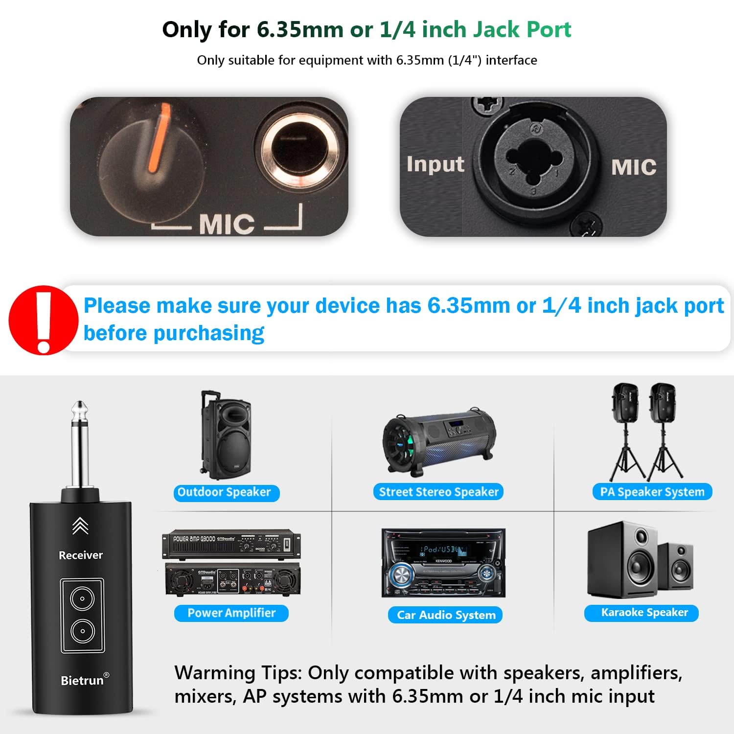 Microfoni senza fili Bietrun con eco, acuto, basso e Bluetooth, portata di 160 piedi, sistema microfonico dinamico portatile UHF con ricevitore ricaricabile per karaoke, canto, amplificatore, sistema