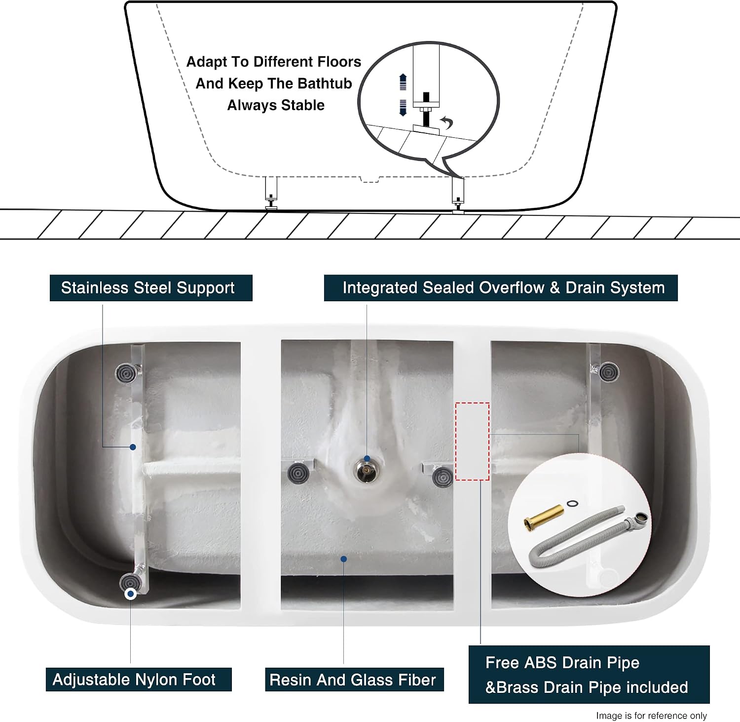 FerdY Maui 67" Acrylic Freestanding Bathtub, Contemporary Elegant Design Soaking Tub with Brushed Nickel Drain and Minimalist Linear Design Overflow, Easy to Install