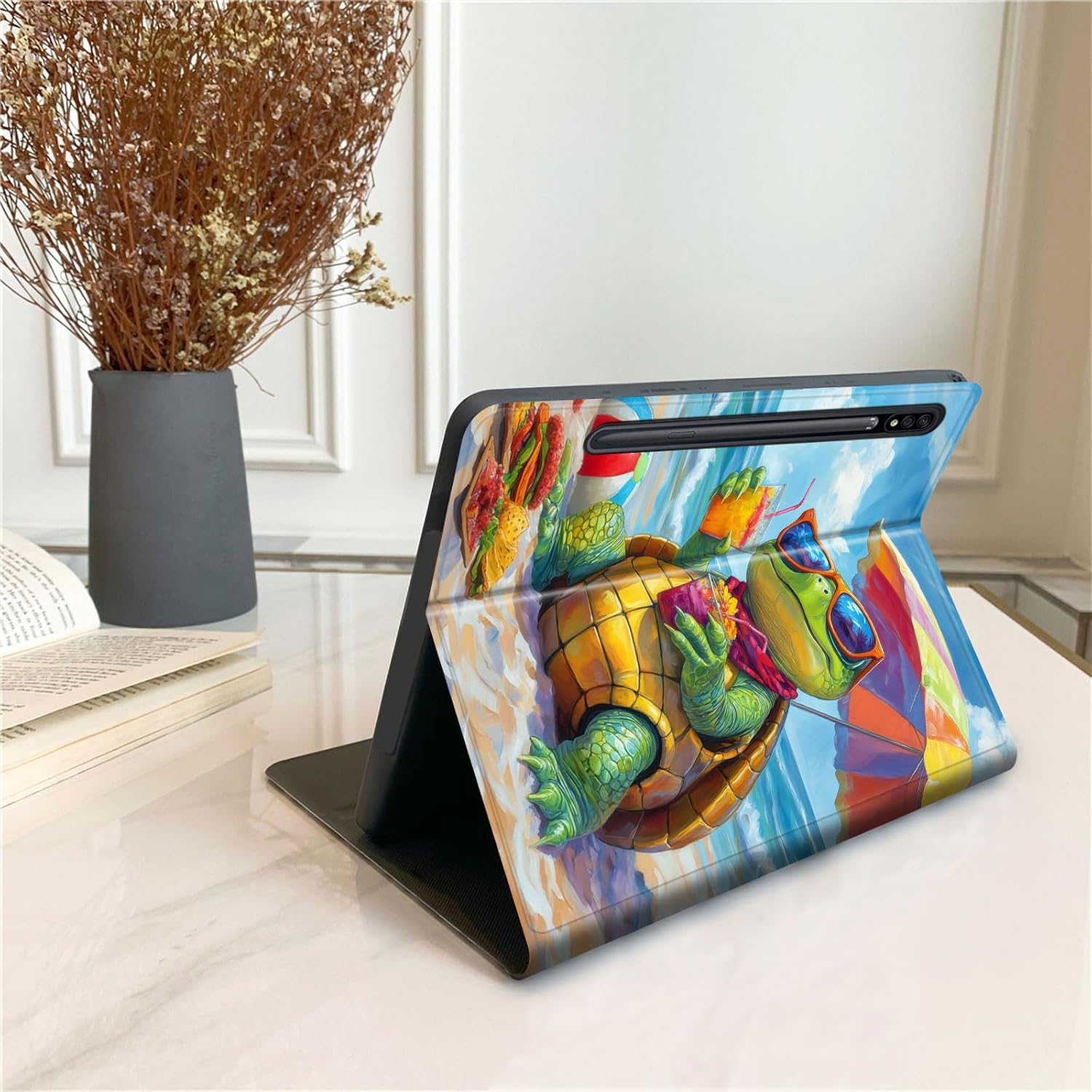 DEGDFSGR for Samsung Galaxy Tab S7 FE 2021/Galaxy Tab S8 Plus 2022/Tab S8+/S7 Plus 2020 12.4 inch,PU Leather Folding Stand Protective Tablet Cover with Auto Wake/Sleep, Cute Green Turtle Beach Waves