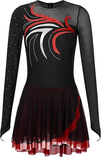 Miniatura 4 de FEESHOW Vestidos líricos de patinaje artístico para mujer, leotardos de baile de diamantes de imitación, uniformes de baile de ballet mayorette