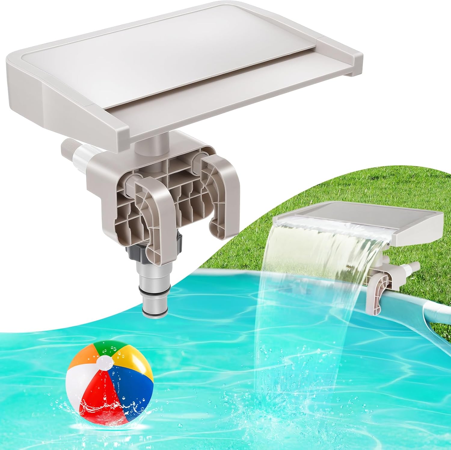 Pool Fountain Waterfall for Above Ground Pools, Smooth Flowing Pool Waterfall for Relaxation, Swimming Pool Frame Attachment Clamp Accessory, Adjustable Width Fits Various Frames (Beige)