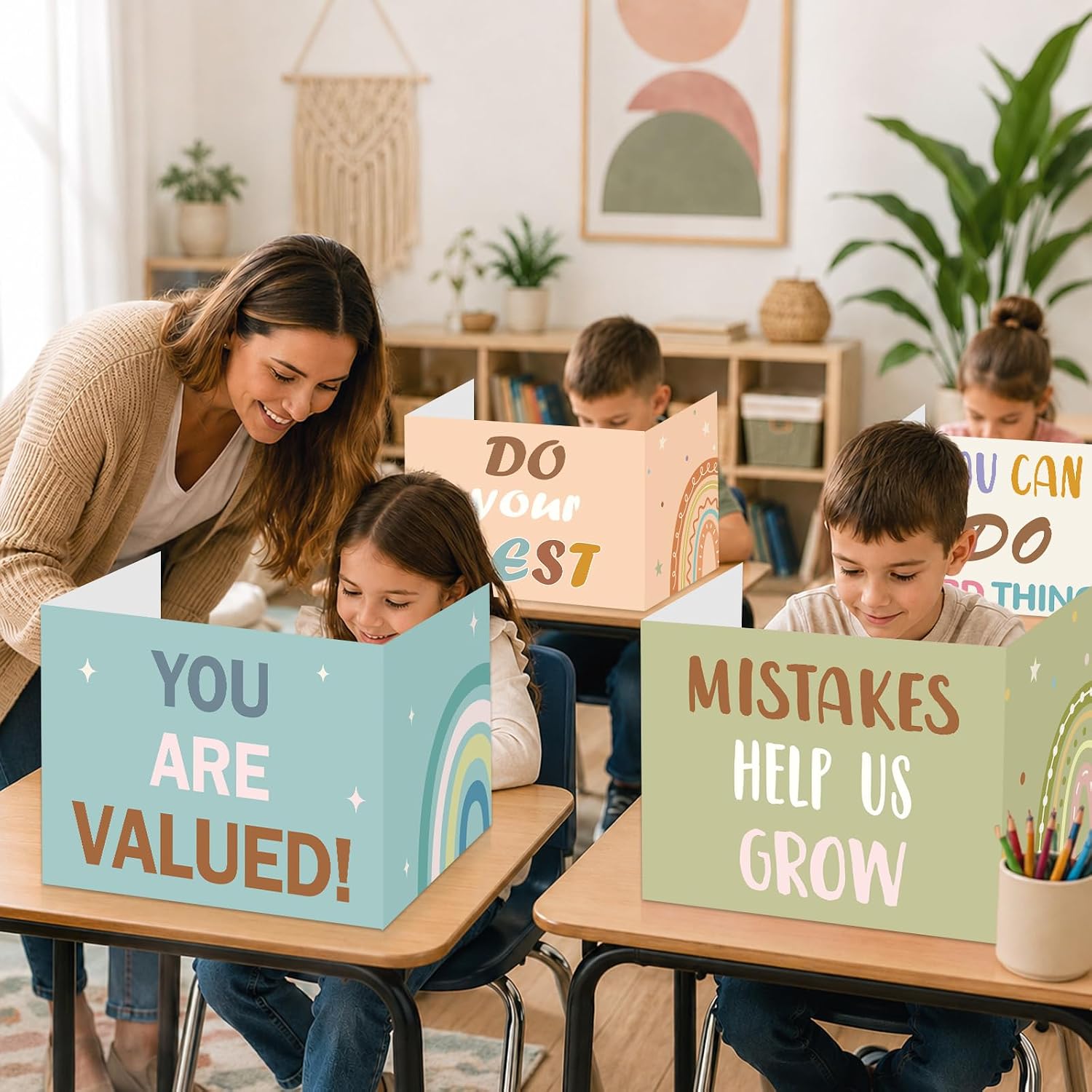 24Pack Bulk Boho Inspirational Words Desk Dividers for Students Privacy Classroom Shields Folder Boards Testing Divider Cardboard Study Carrel Dividers for Back to School Teacher Supplies