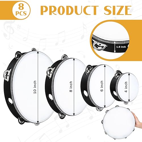 Miniatura 9 de Pandereta de 8 piezas para adultos, pandereta de madera de mano, viene en 4 tamaños de tejas de metal de una sola fila, pandereta, educativa,