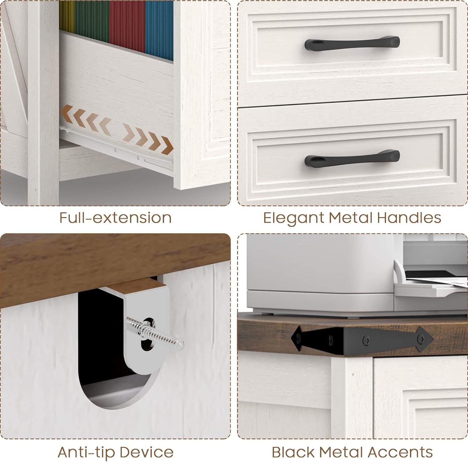 Vabches 3 Drawer Vertical File Cabinet, Wood Farmhouse Filing Cabinet Fits A4/Letter Size, Under Desk Small File Cabinets Printer Stand with Storage for Home Office, White and Brown