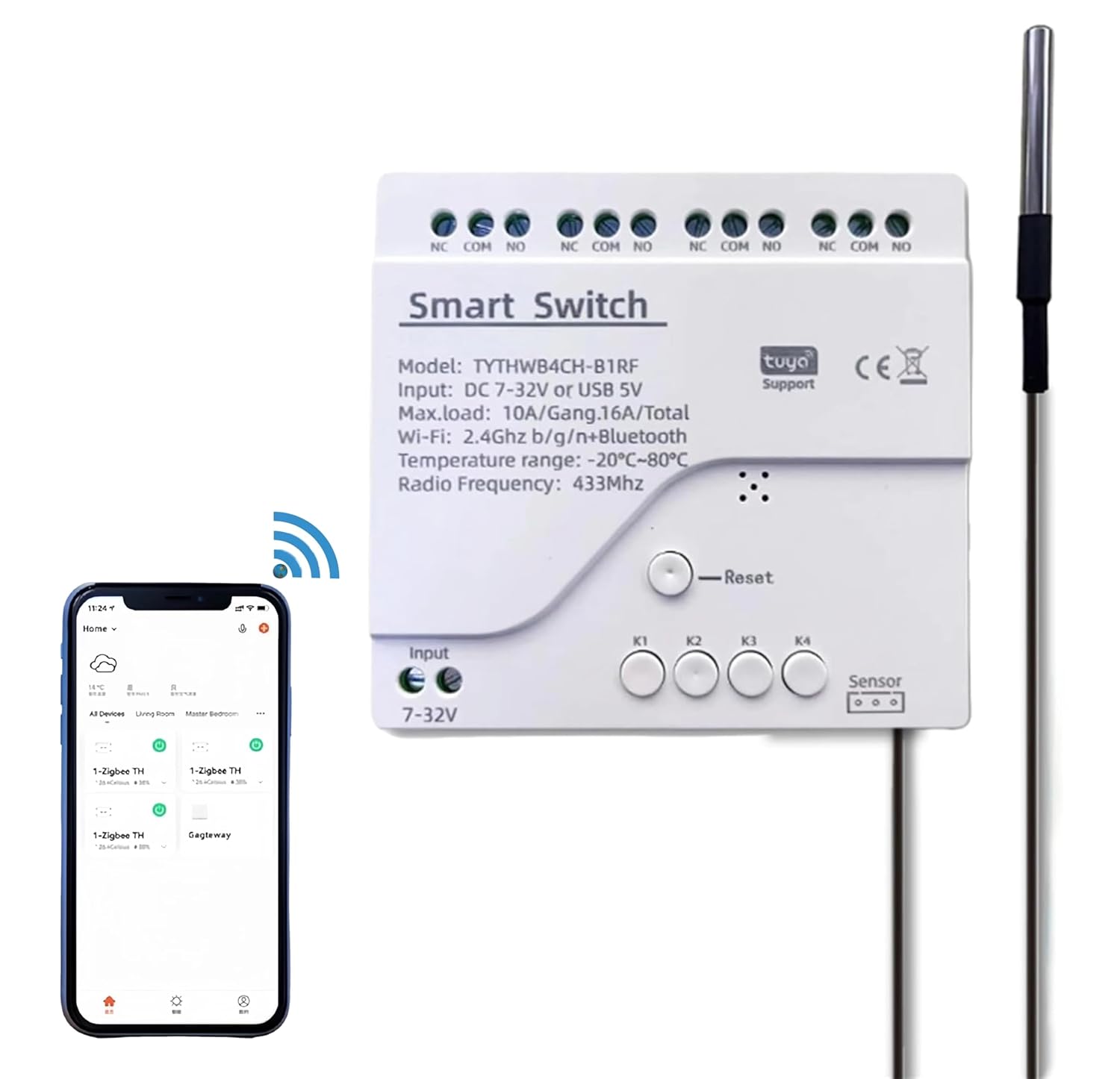 Generic Tuya Smart 4 Channel WiFi Wireless USB 5V/AC 7-32V Smart Temperature Controller Sensor Module,Dry Contact App Remote,Compatible with Alexa Google Home, White, SHQY025