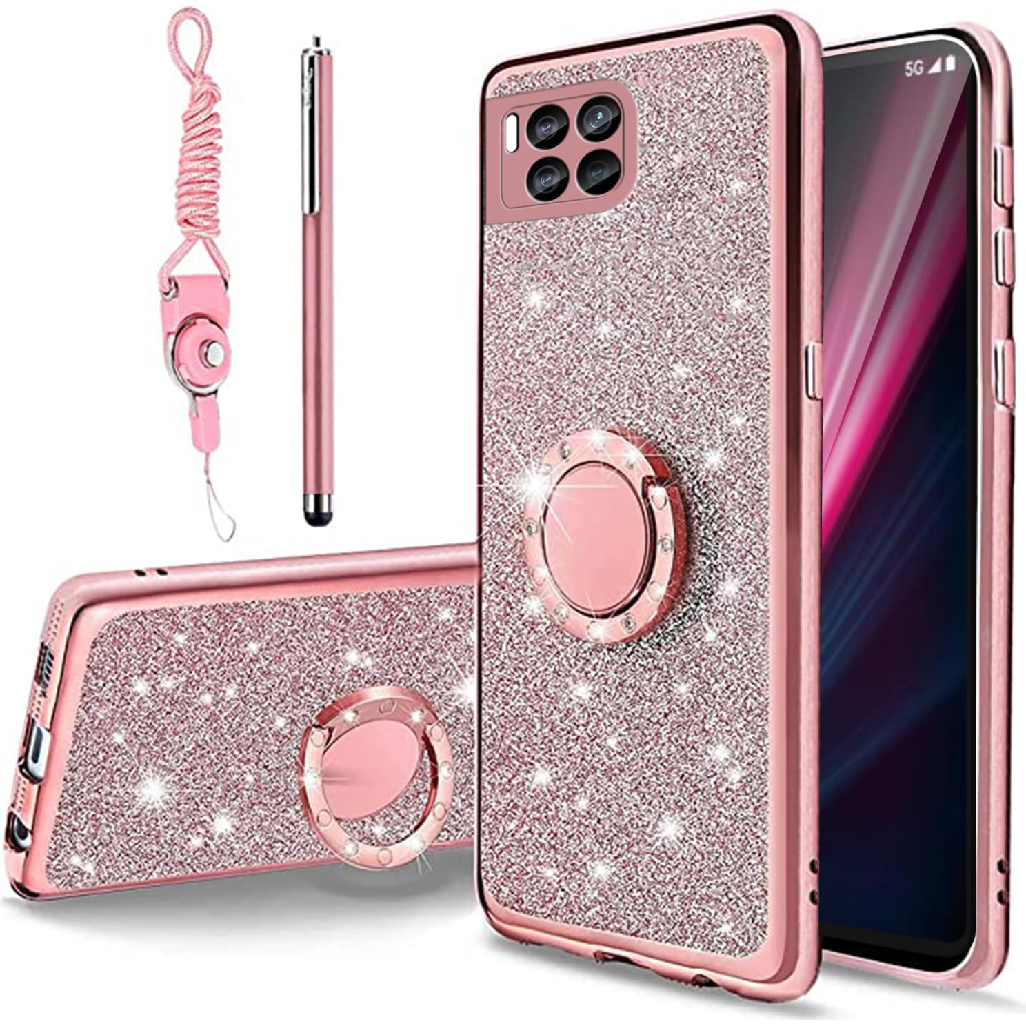 B-wishy for T-Mobile Revvl 7 Pro 5G Case for Women,Glitter Crystal Butterfly Heart Floral Slim TPU Luxury Bling Cute Protective Cover with Kickstand+Strap for Revvl 7 Pro 5G(Glitter Pink)